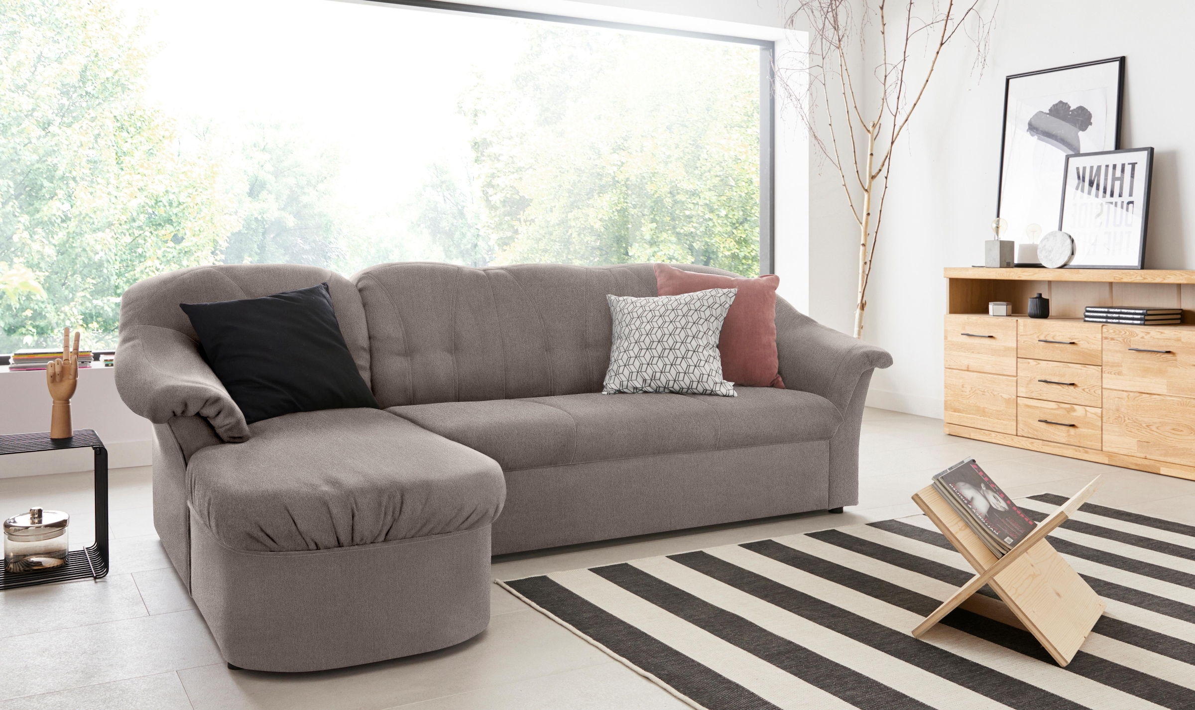 DOMO collection Canapé d'angle »Pegnitz, elegante Rückensteppung, kompakte Stellmasse 238/141cm, L-Form« wahlweise mit Bettfunktion