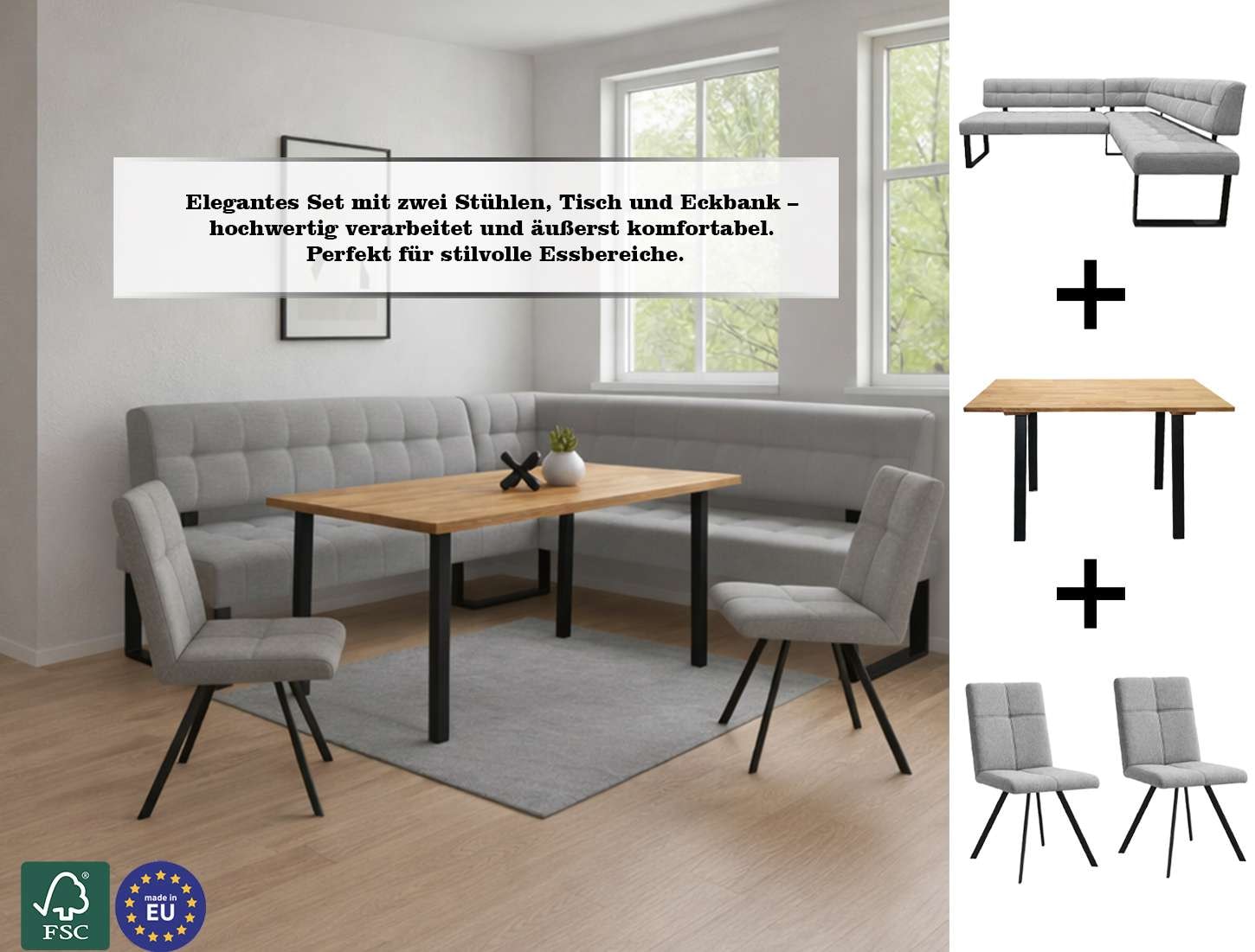 Home affaire Ensemble de bancs d'angle »Mia Essecke, Sitzgruppe, Eckbankgruppe, Küchenbankgruppe« Set, 4er, 4 tlg. Eckbank mit Wellenfederung; Tisch in Eiche massiv