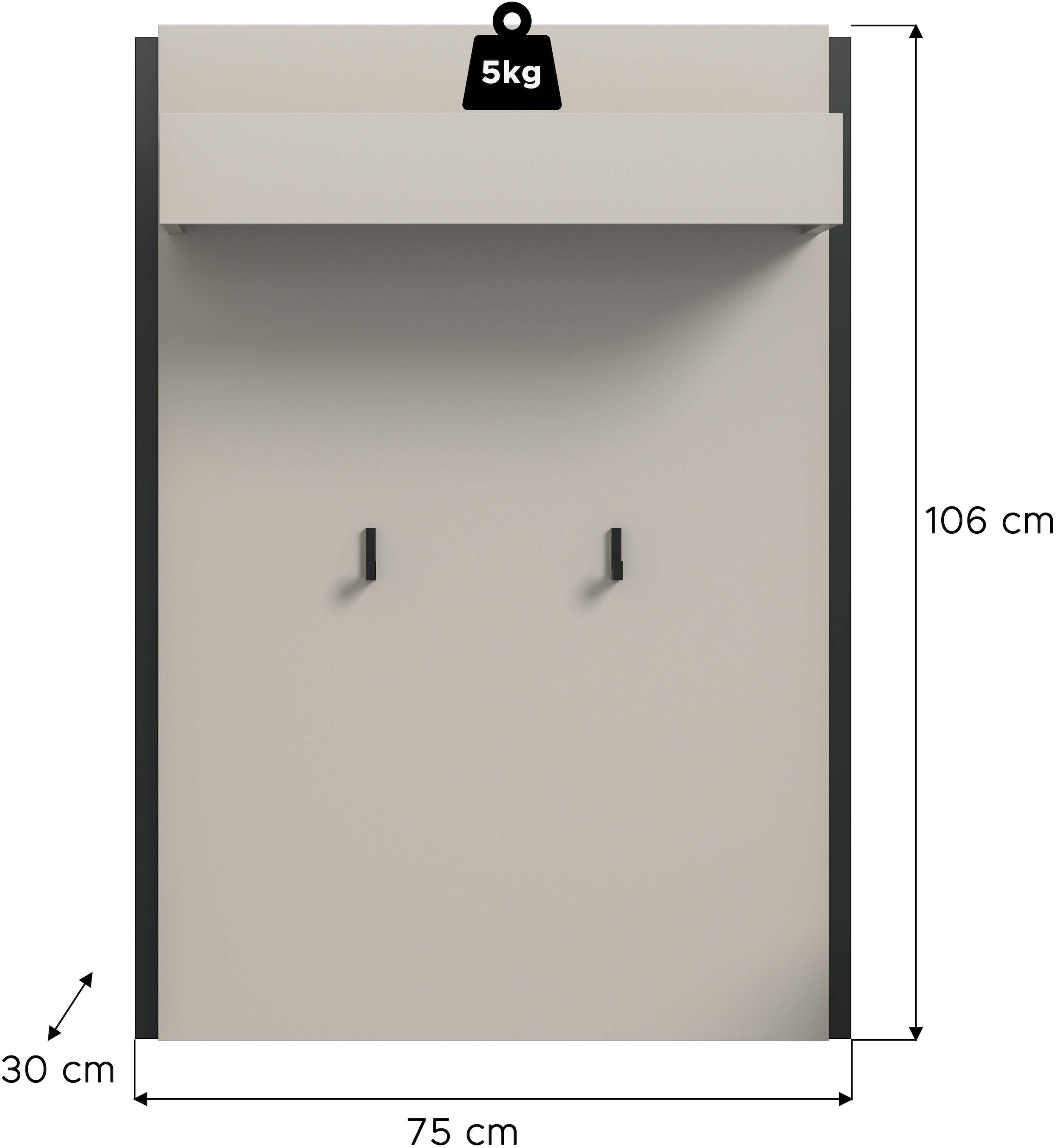 Home affaire Panneau de vestiaire »RAK, Breite 75 cm, 2 Garderobenhaken, 1 Kleiderstange, 1 Ablageboden« Flurgarderobe, Paneel, Wandgarderobe, Wandpaneel, Garderobe