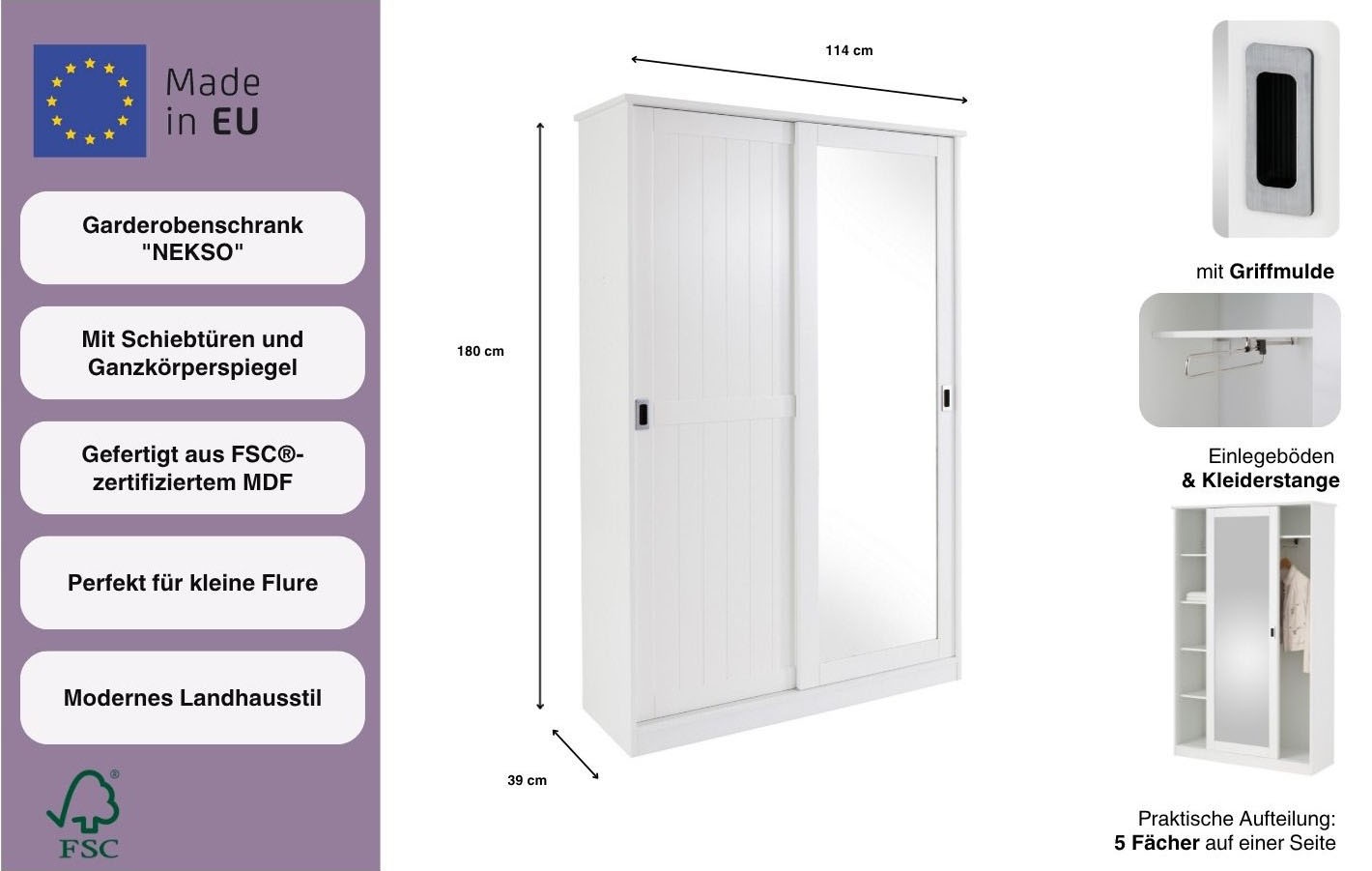 Home affaire Garderobenschrank »Nekso« mit Spiegel, Breite 114 cm, aus MDF oder Massivholz, FSC®