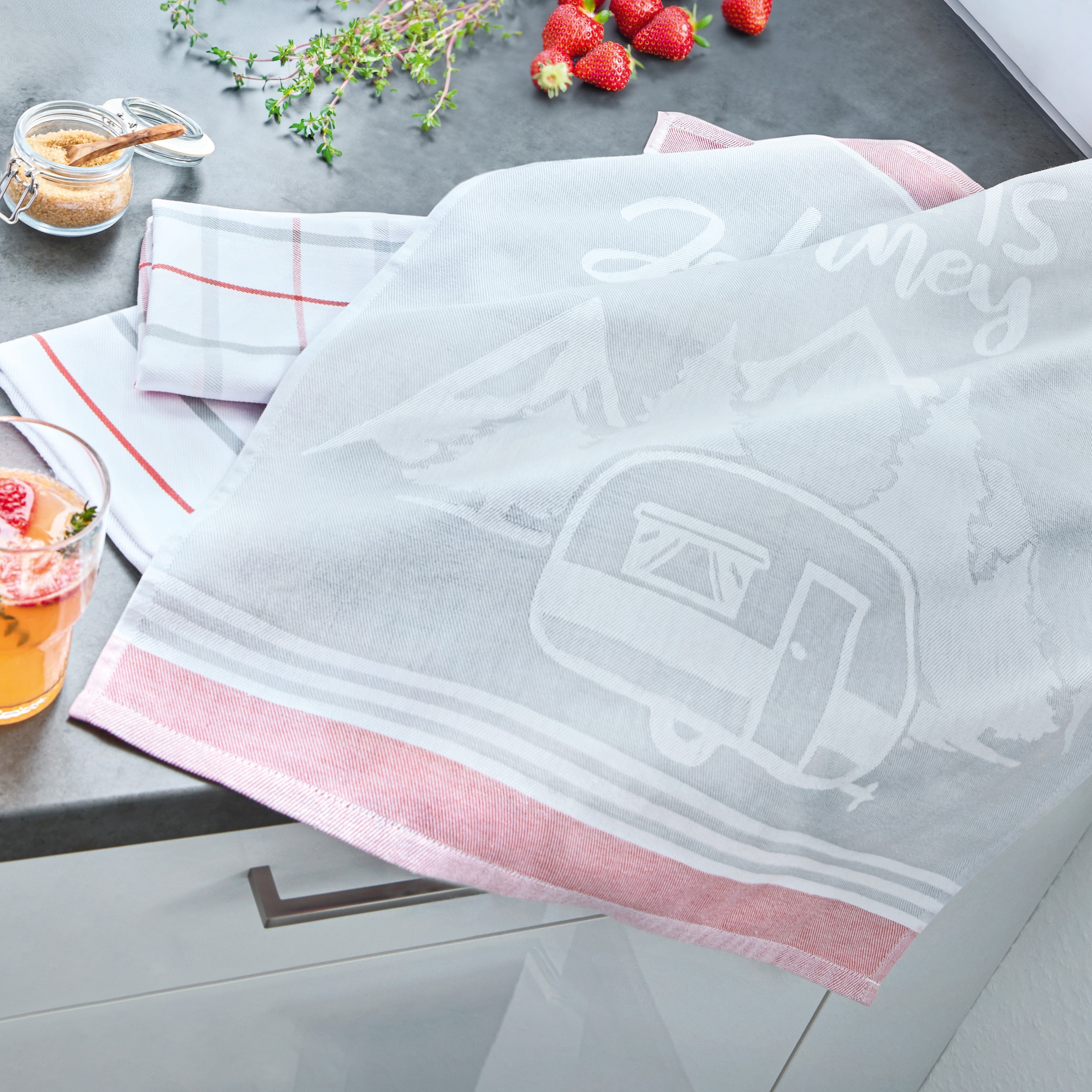 Dyckhoff Chiffon à vaisselle »Journey, mit 3 verschiedenen Motiven, LIFE IS A JOURNEY« aus 100% Baumwolle, Masse je Tuch ca. 50x70 cm