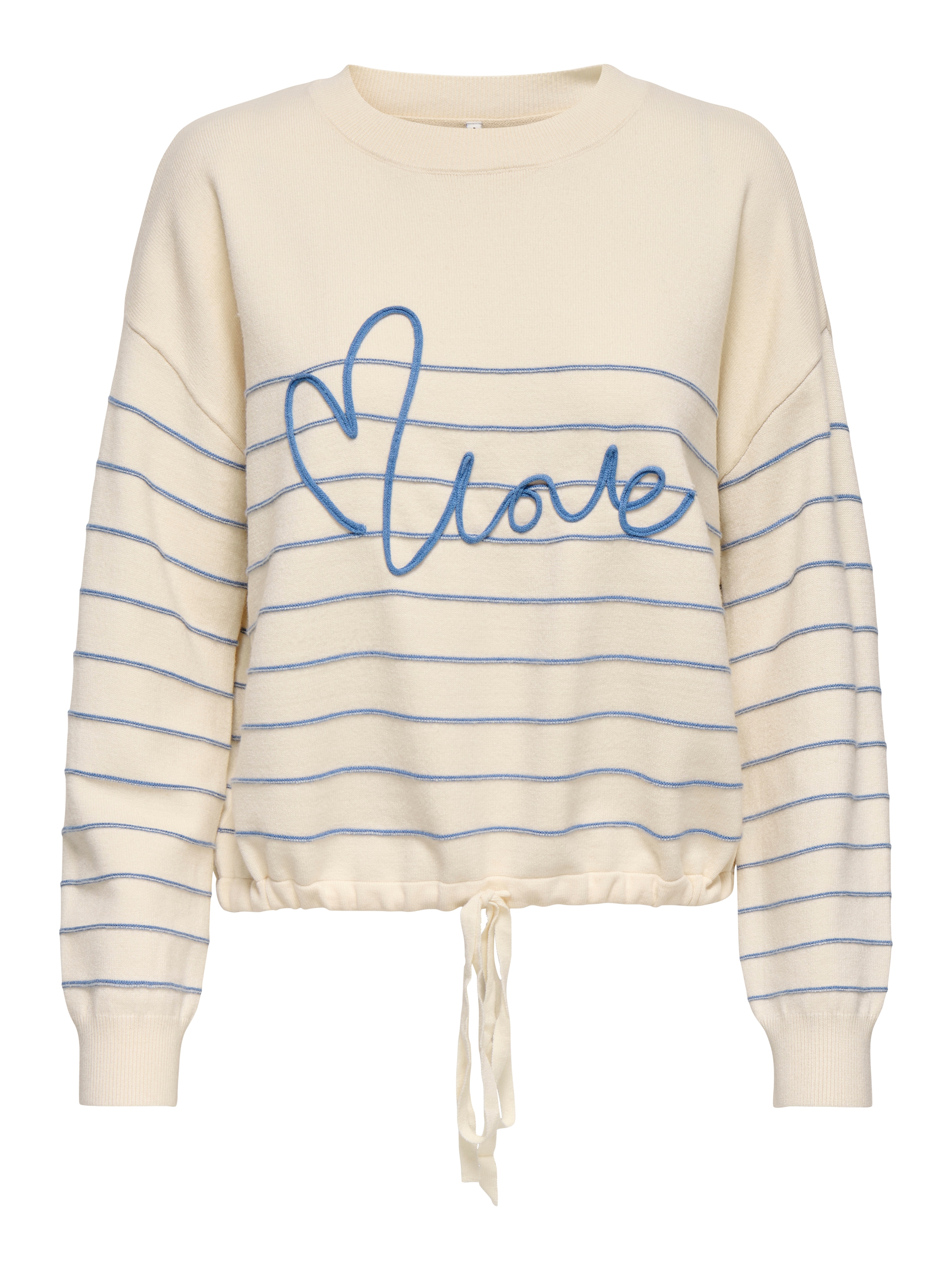ONLY Rundhalspullover »ONLSIGNE LIFE LS TEXT DETAI ONECK CC KNT« mit Bindeband und Schriftzug Detail vorn
