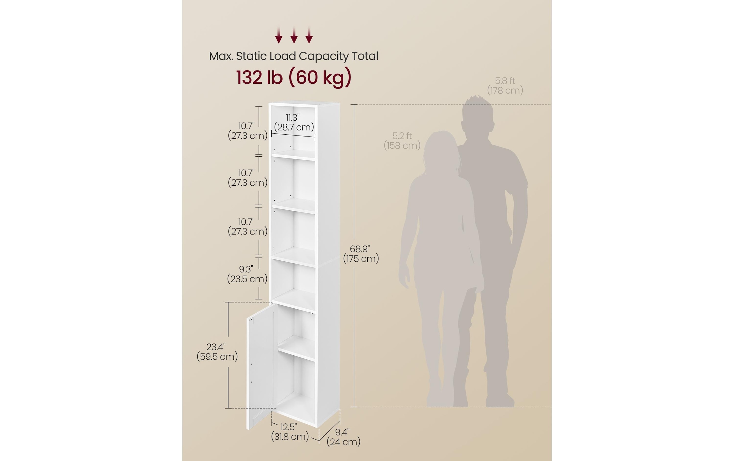VASAGLE Étagère »31,8 x 24 x 175 cm« Hohes Standregal mit Schranktür und verstellbaren Ablagen