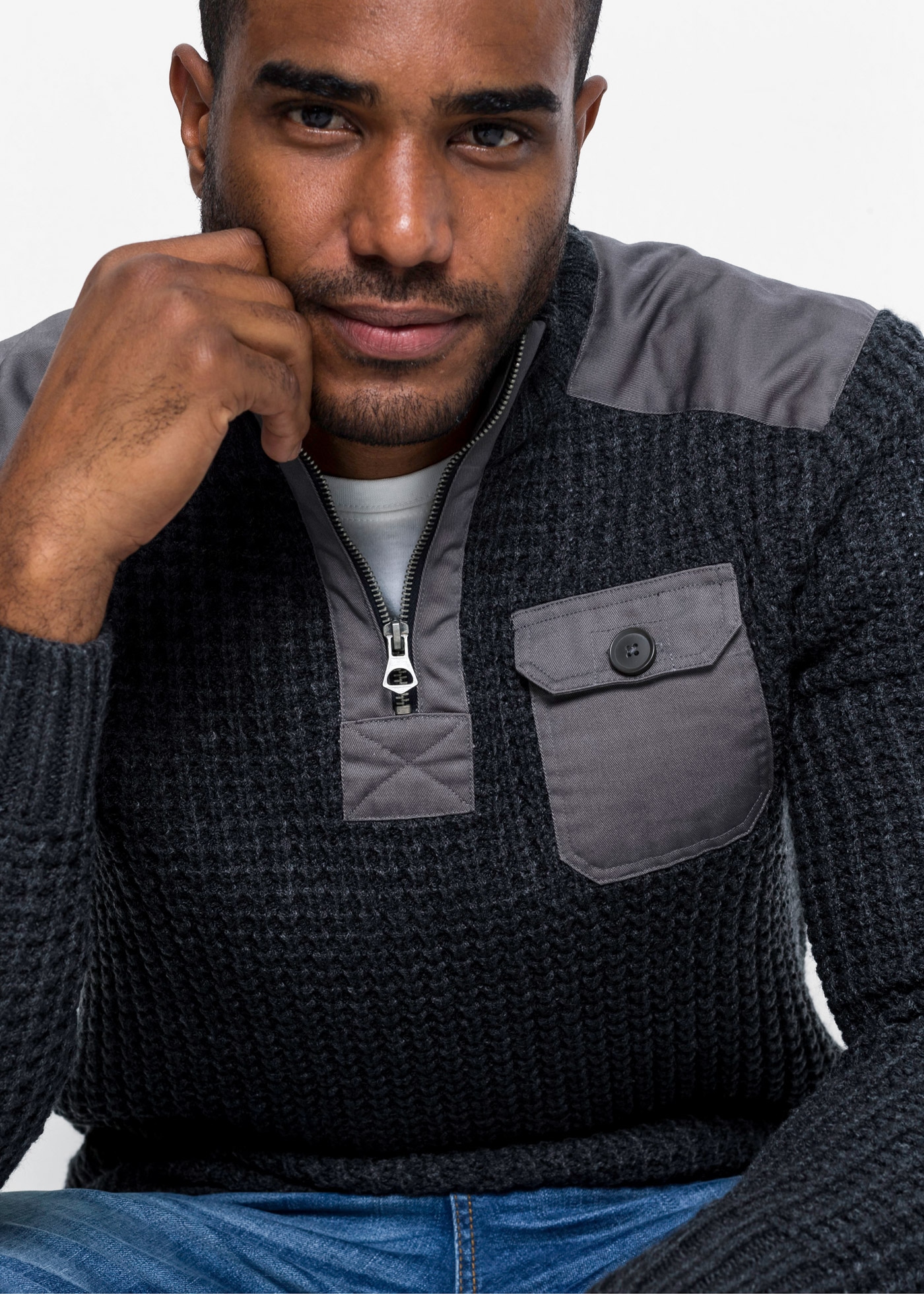 bonprix Troyer »Grobstrick Troyer Pullover mit Web-Besatz« aus Polyacryl, mit Stehkragen und Zipper, Regular Fit