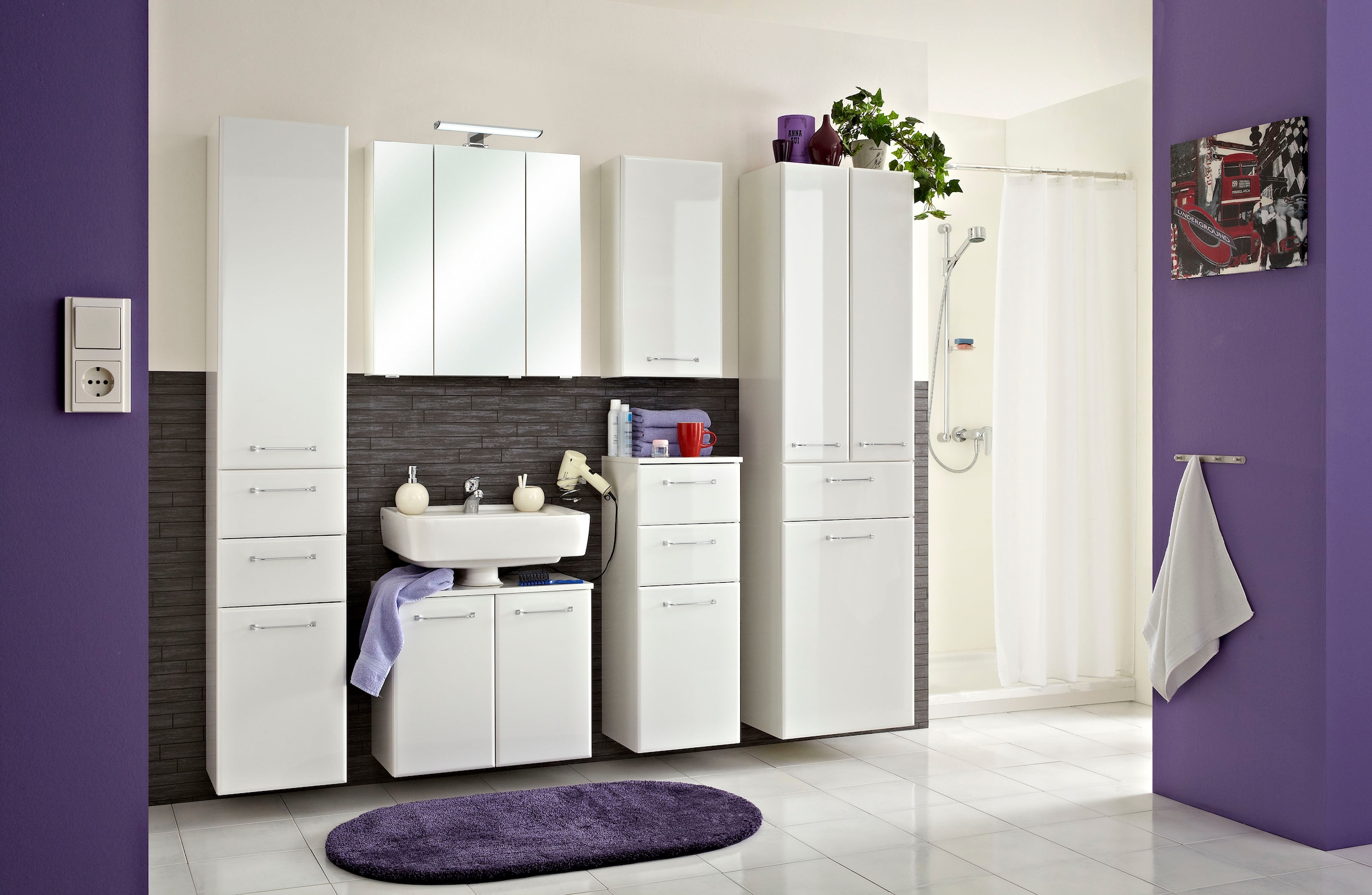 Saphir Armoire haute »Quickset Badschrank 35 cm breit, 2 Türen, 2 Schubladen, 3 Einlegeböden« armoire haute de salle de bain avec amortisseur de porte, poignées chrome brillant