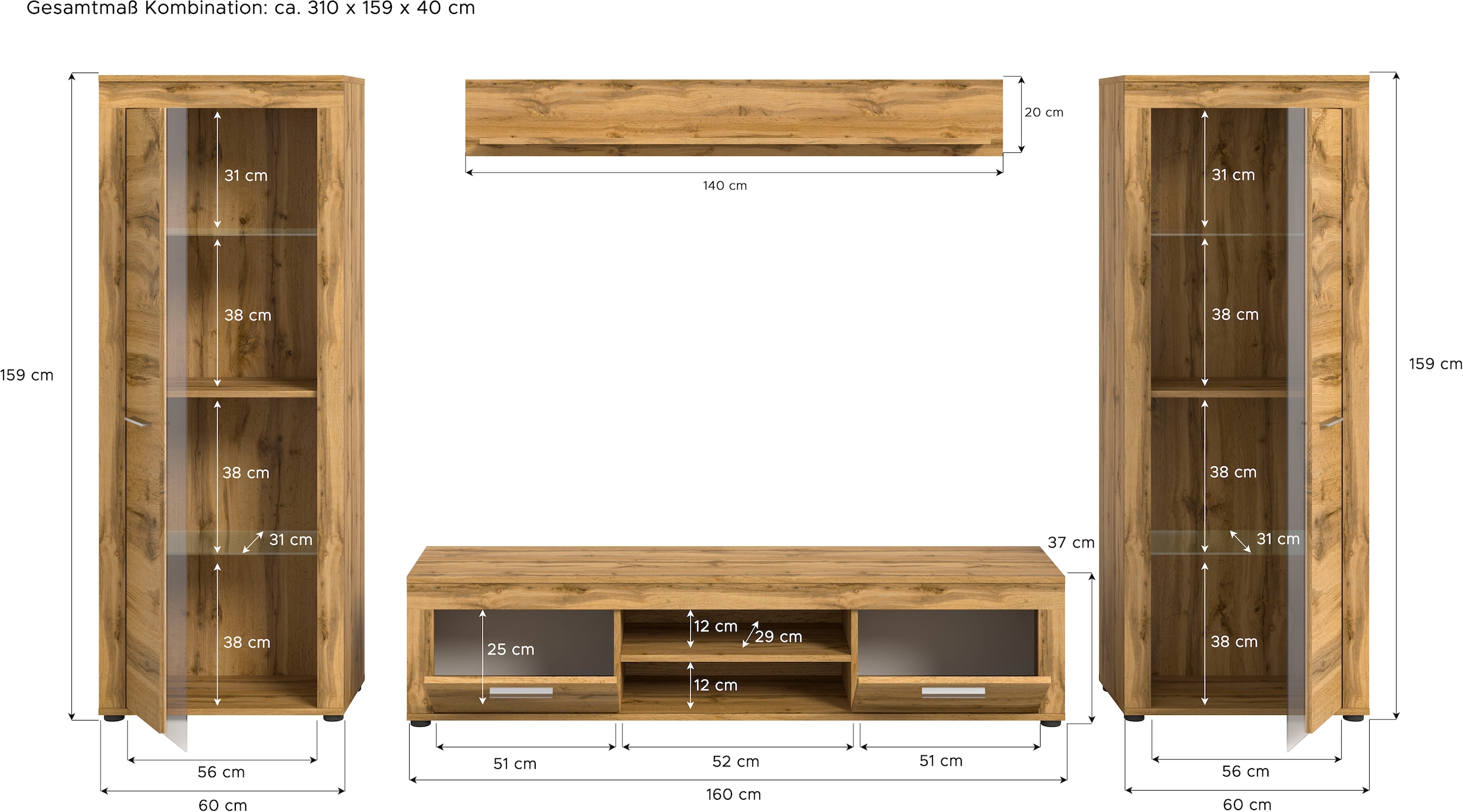 Home affaire Meuble mural »AOSTA, Breite 310cm, 4-teilige Wohn-Kombination« bestehend aus: 2x Vitrine, Lowboard, Wandboard, 
