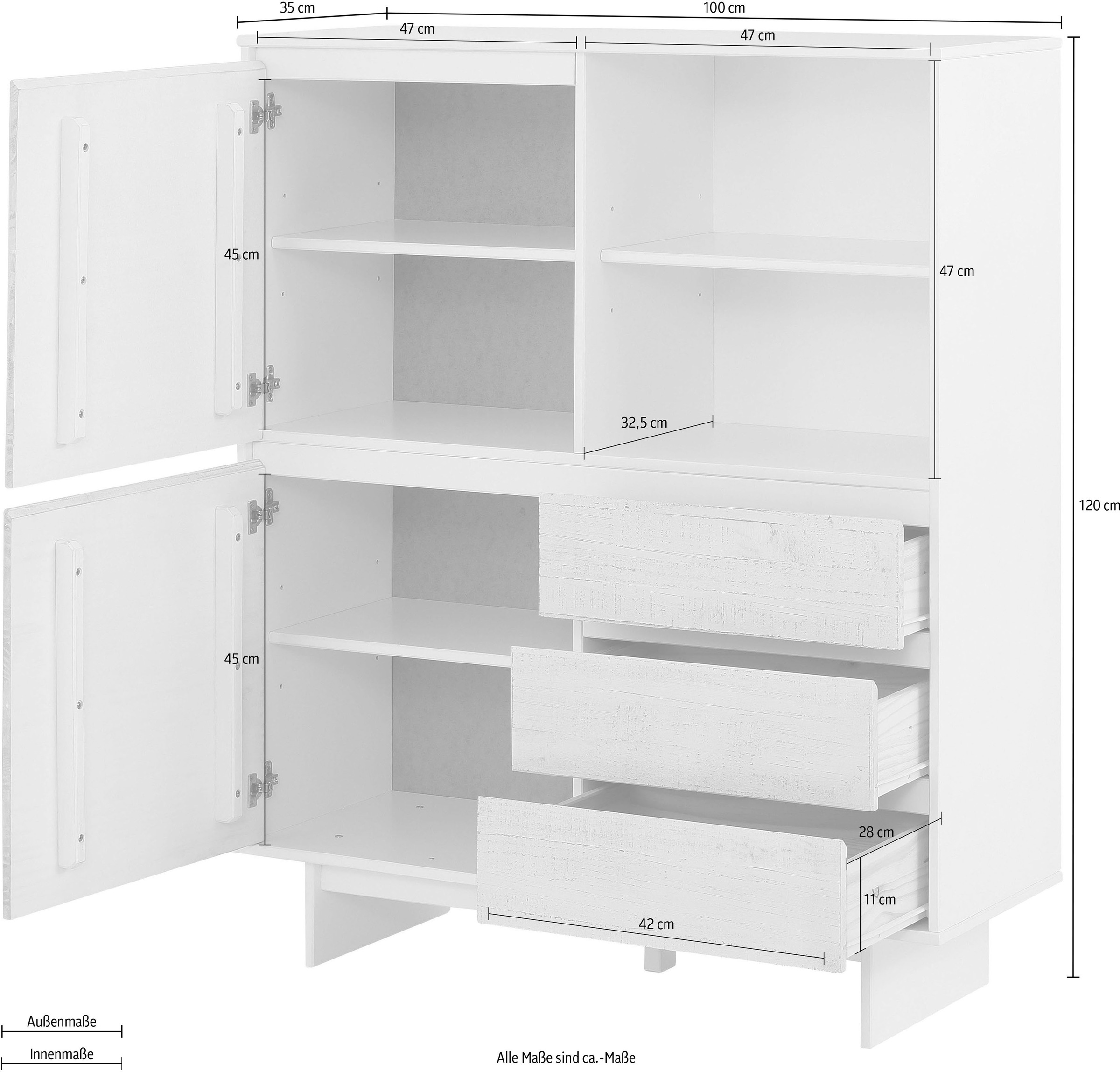 Home affaire Highboard »Morgan Midischrank« Kommode aus massivem Kiefernholz, eingefräste Griffmulden, Höhe 120 cm