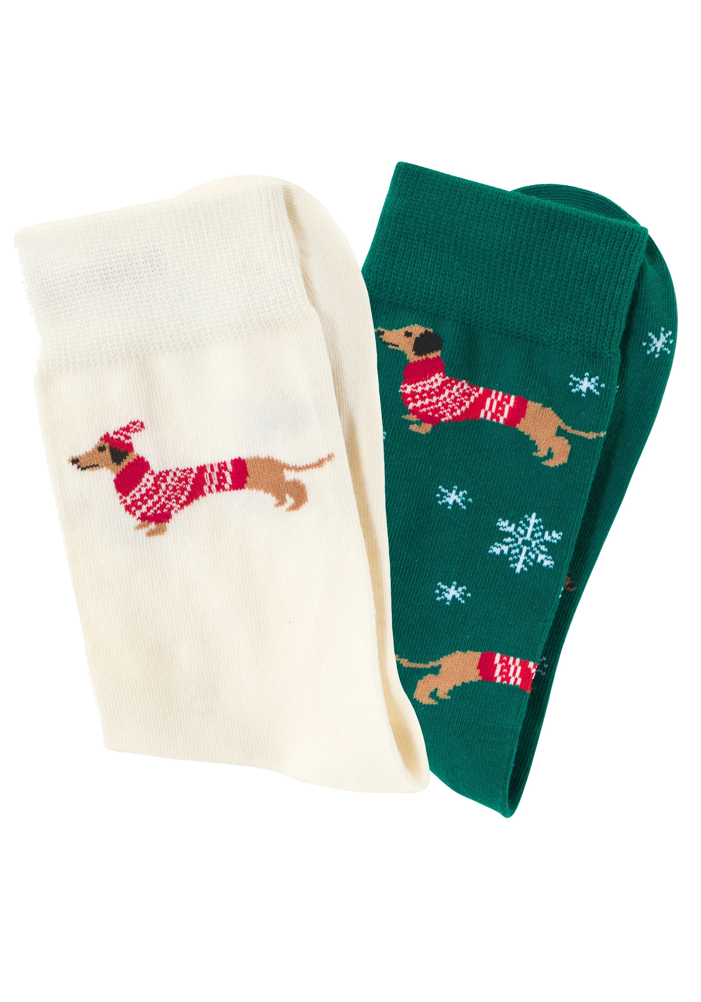 LASCANA Freizeitsocken »Damen Weihnachtssocken Dackel« Packung, 2 Paar tlg. mit festlichen Dackelmotiven