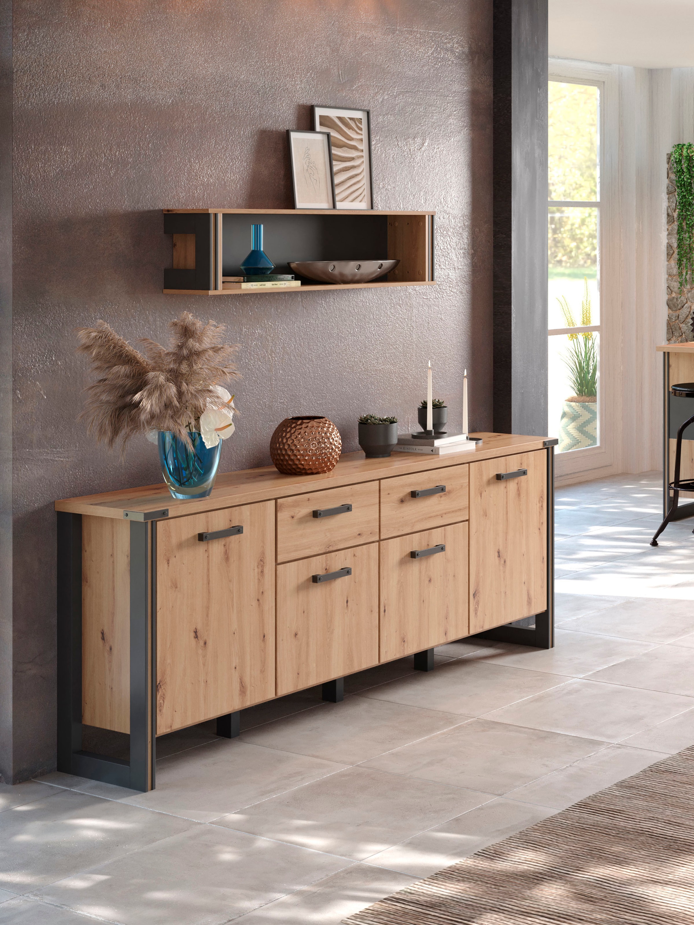 Home affaire Sideboard »Mia« 1 cuis tlg. Echtholzoptik, Eiche, 207 cm breiter Schrank