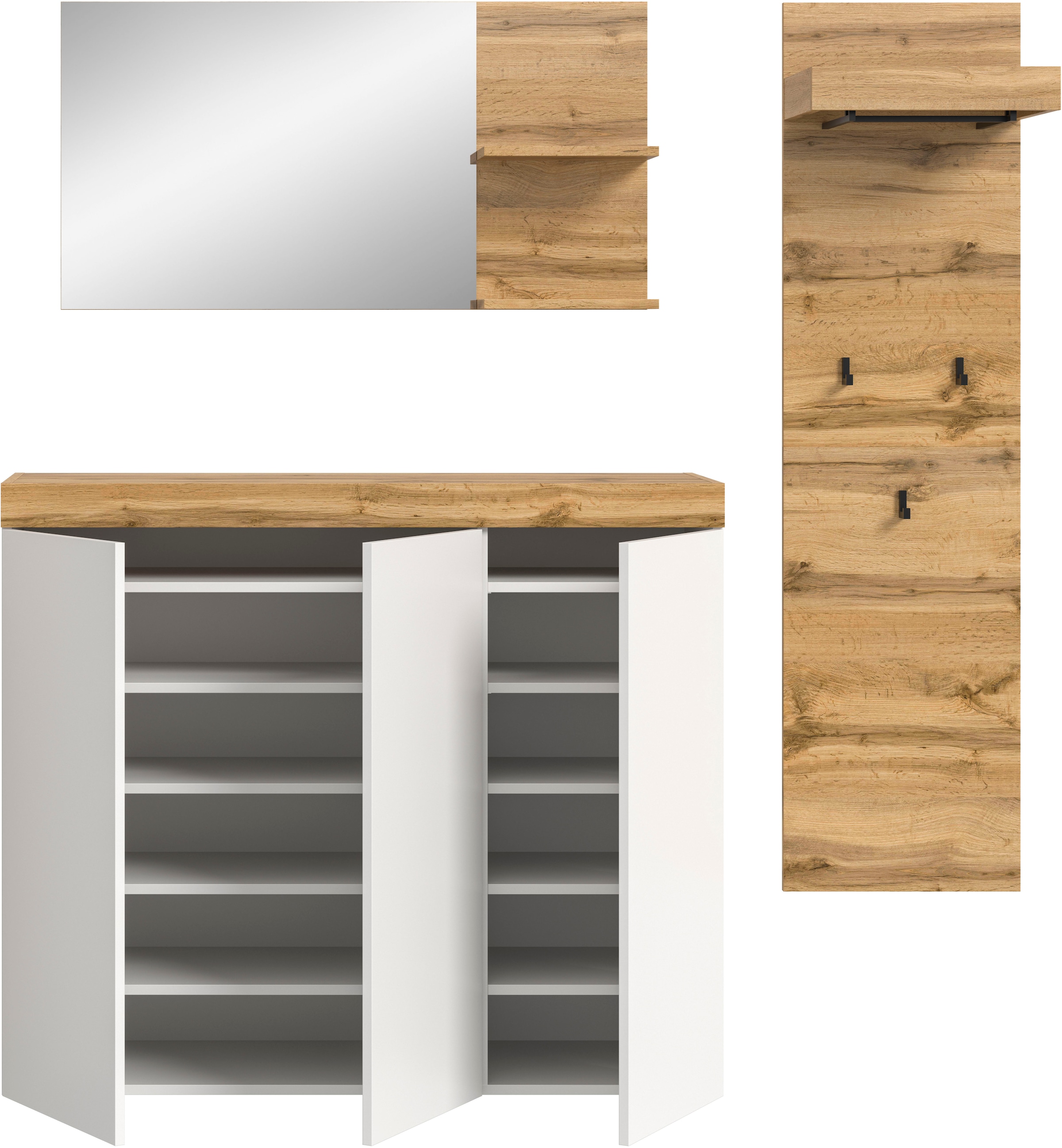 GOODproduct Garderoben-Set »MAMBO, 3-teilige Kombination, stehend & hängend montierbar« bestehend aus: Kommode, Spiegel, Garderobenpaneel, 3 Stk. tlg.