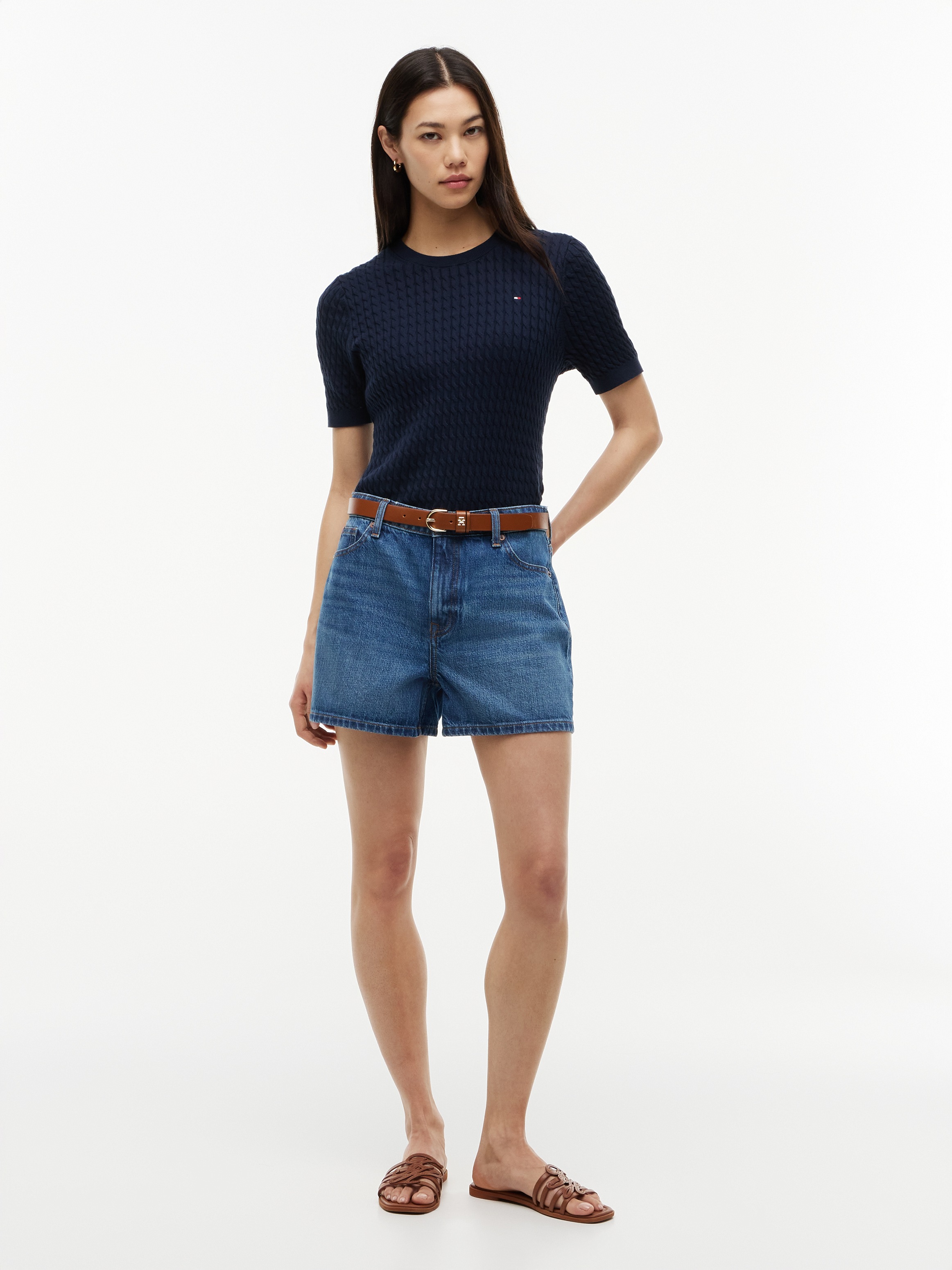 Tommy Hilfiger Kurzarmpullover »CO CABLE RWB C-NK SS SWT« Baumwolle, mit Zopfmuster