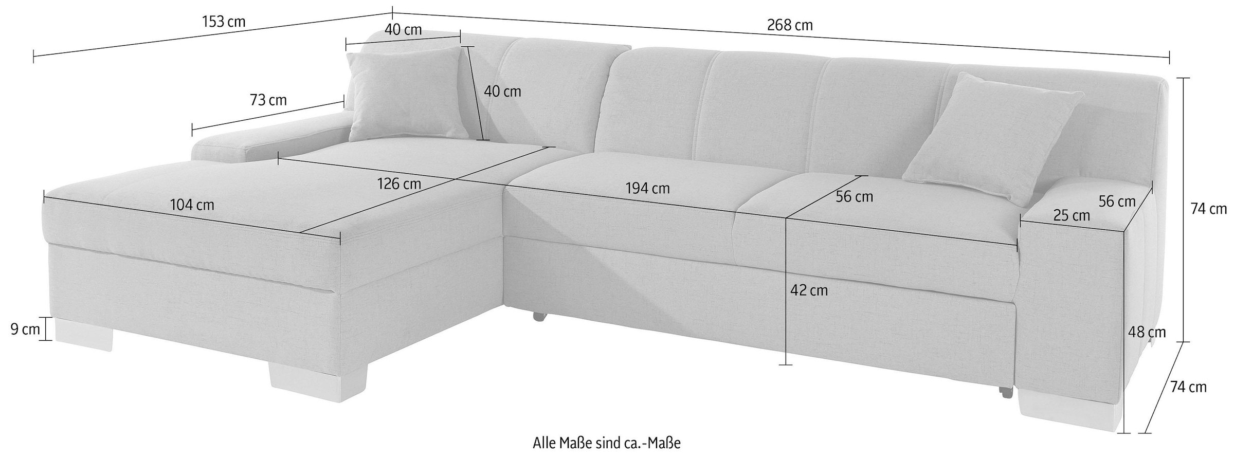 DOMO collection Ecksofa »Bero, elegant und zeitlos, flache  Armlehnen, Breite 268cm L-Form« fester Sitzkomfort, wahlweise mit Bettfunktion