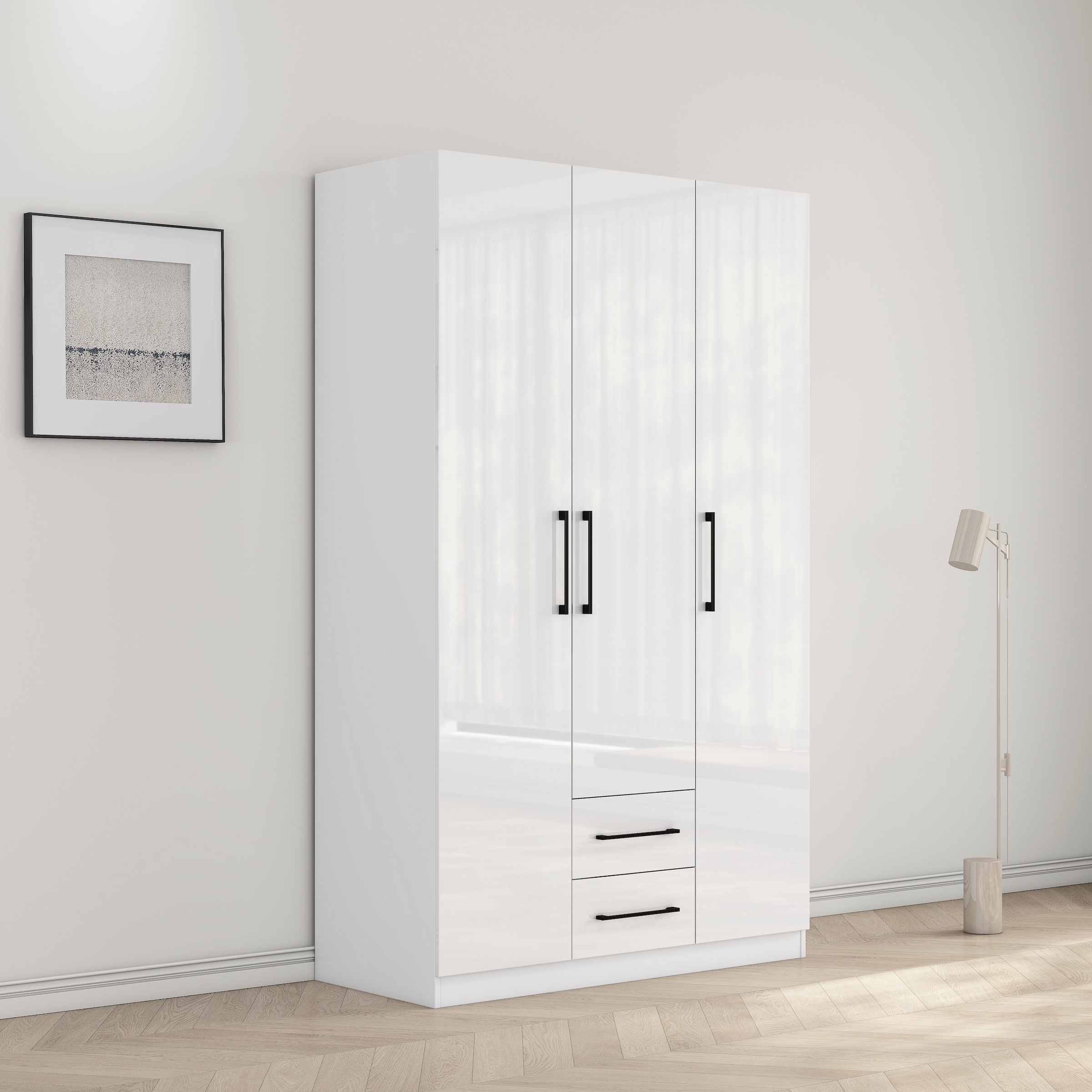 GOODproduct Armoires à vêtements »Sylt Schlafzimmerschrank Garderobe Schrank hochglanz« Poignées métalliques haut de gamme noires,  Armoire à portes tournantes avec aménagement intérieur parfait, largeur 120cm