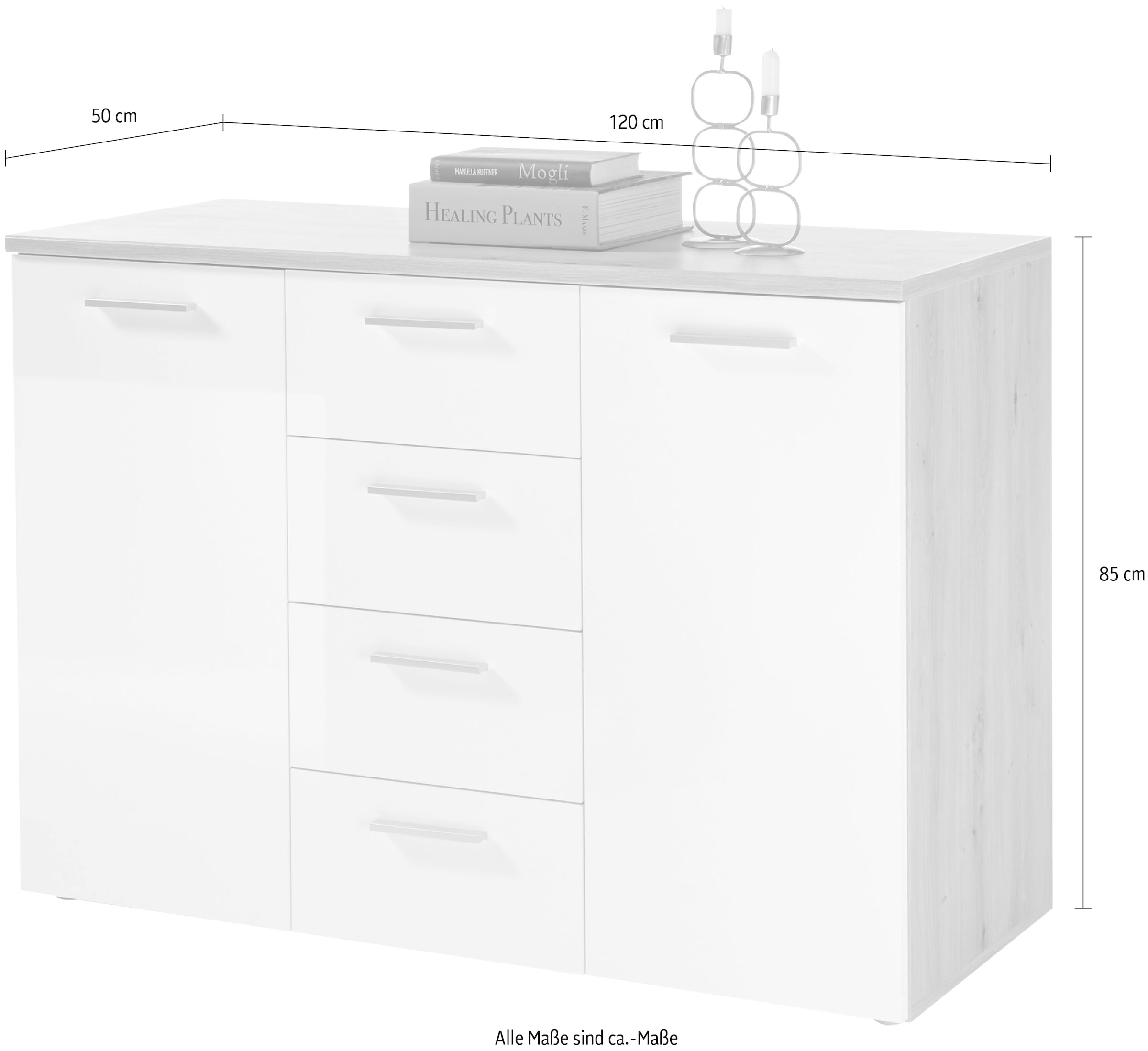 HBZ Commode »Pablo weiss Glanz, BxHxT 120x85x50 cm« Kommode mit 2 Türen, 4 Schubkästen, 2 Einlegeböden verstellbar