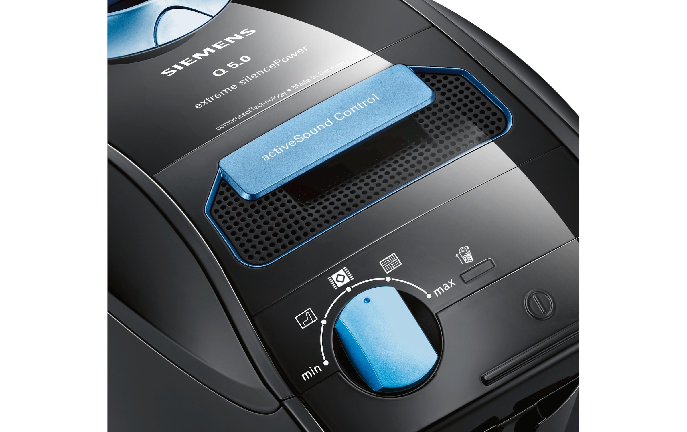 SIEMENS Aspirateur pour sols »Q 5.0 extreme silencePower VSQ5X1230, Made in Germany, Hygiene-Filter« 850 W mit Beutel hohe Saugkraft, integriertes Zubehör, langes Kabel, leise, schwarz