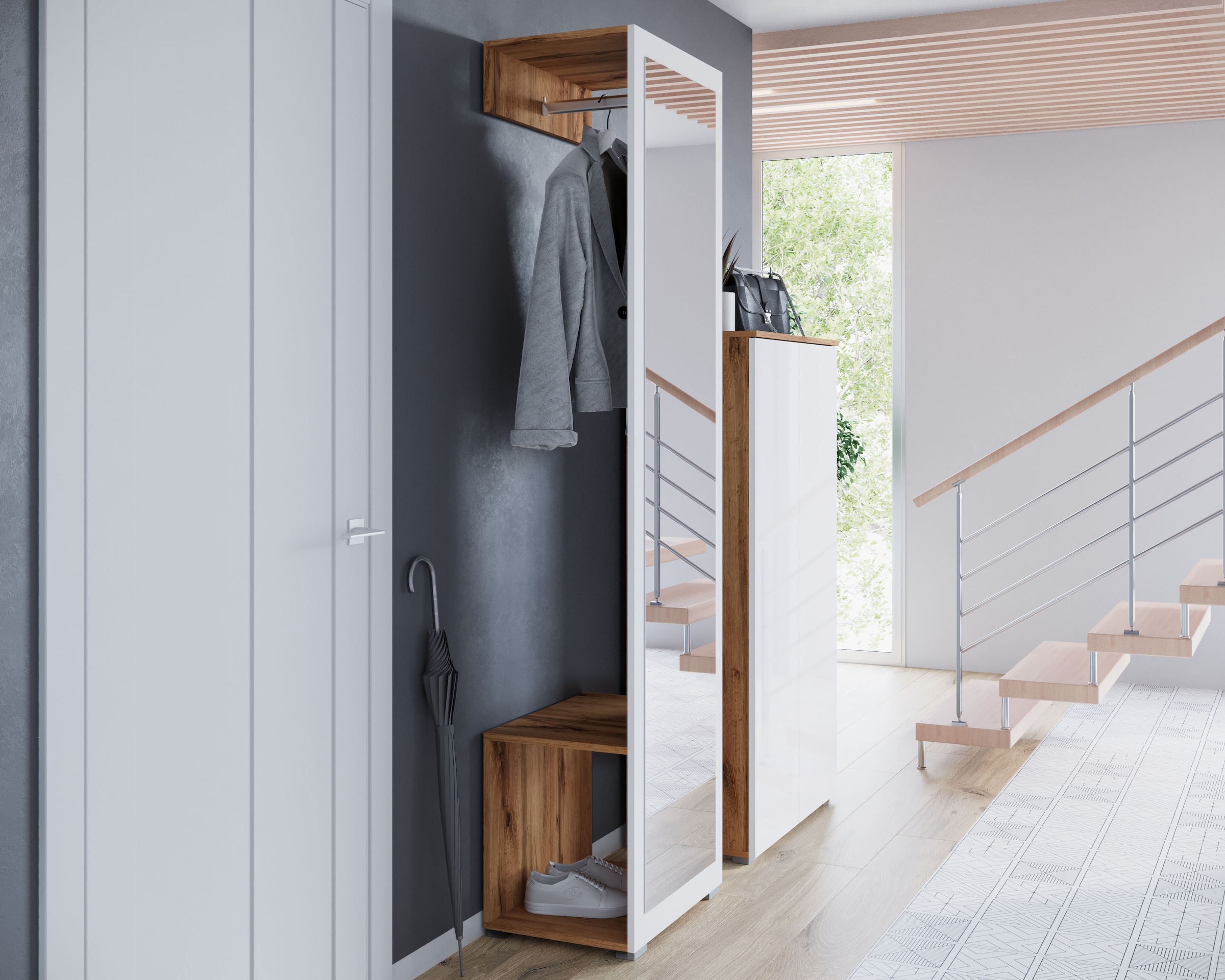 GOODproduct Garderobenschrank »Paris« moderne Garderobenschrank 190cm, mit Kleiderstange und Frontspiegel