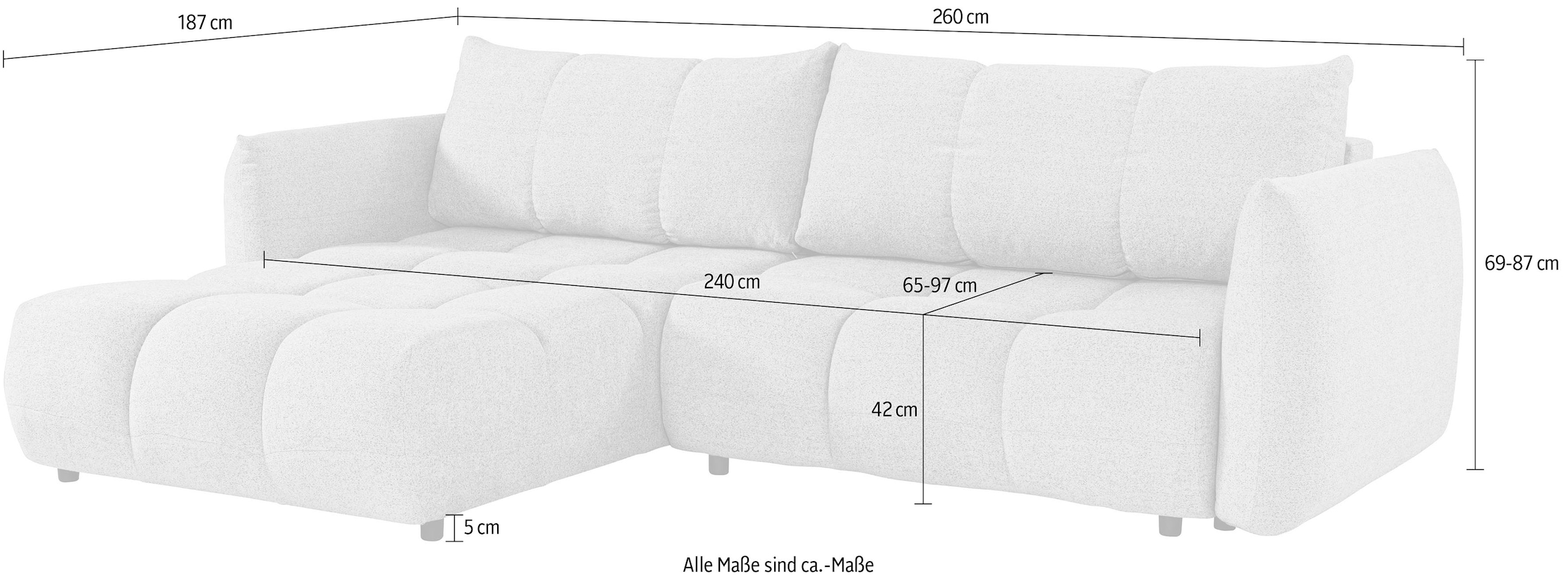 exxpo - sofa fashion Canapé d'angle »Livonia, B/T: 260/187, modern & praktisch für kleine Räume« Mit Bettfunktion & Bettkasten,hoher Sitzkomfort,inkl. Steppung, L-Form