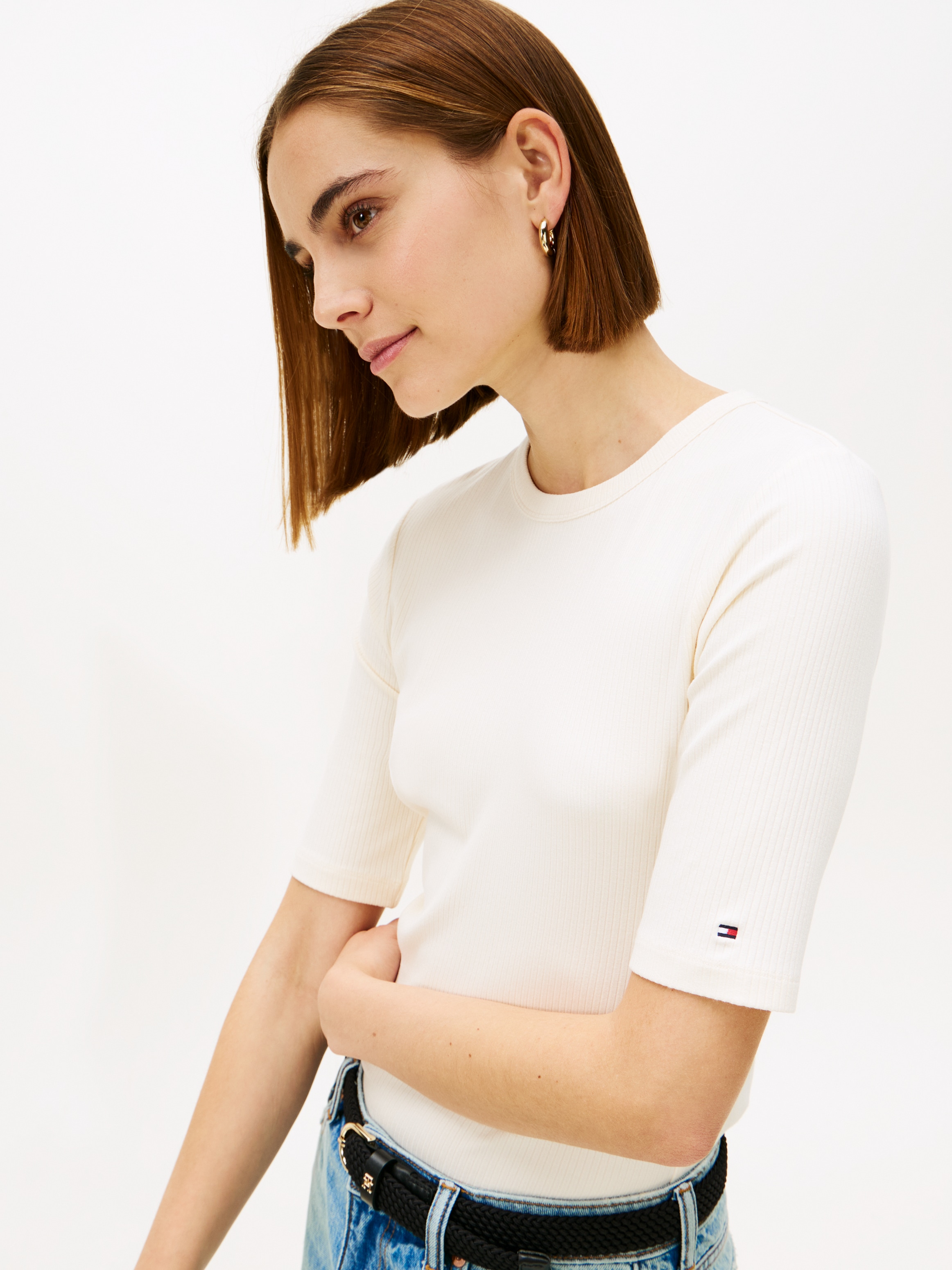 Tommy Hilfiger T-shirt à manches courtes »SLIM 5X2 RIB C-NK 1/2 SLV mit Rundhals und Rippstruktur« uni, décontracté, coupe slim, mélange viscose, col rond