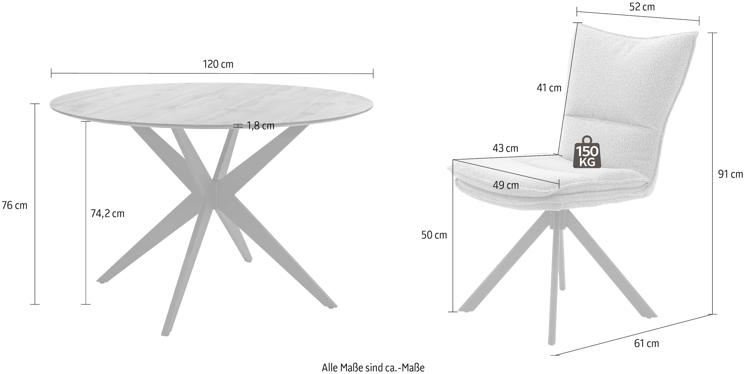 Jockenhöfer Gruppe Ensemble de salle à manger »Thilo/Florina, Sitzgruppe (Set, 5-tlg, 1 Tisch und 4 Stühle)« 5 tlg. Table diamètre 120 cm, chêne sauvage, chaises pivotantes à 360°