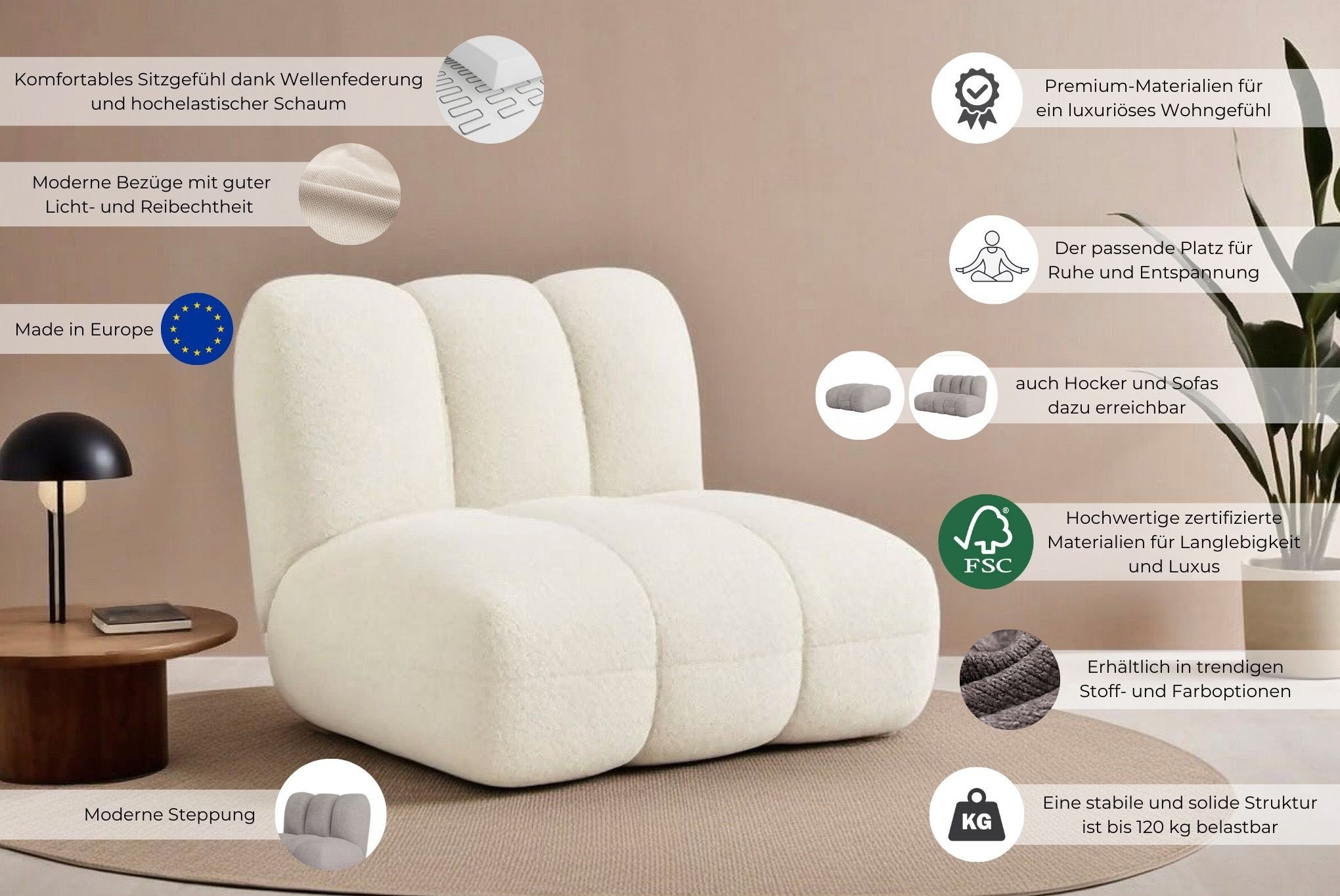 LeGer Home by Lena Gercke Fauteuil »Priya Loungesessel, moderne Steppung, auch in Bouclé« perfektes Einzelstück, gemütlich und modern, B/T/H: 90/106/84 cm