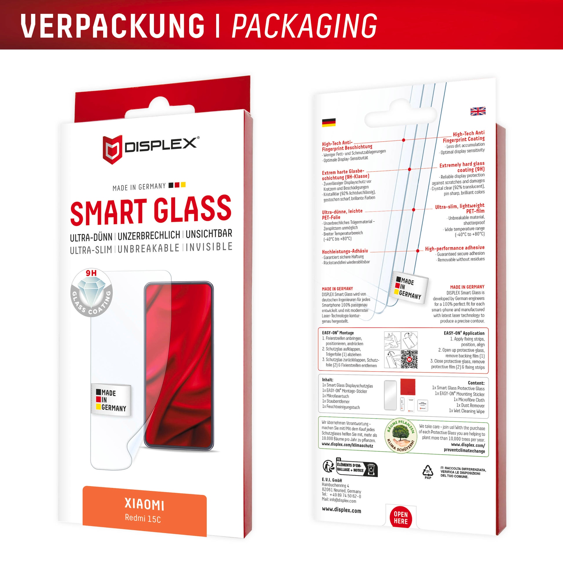 Displex Displayschutzglas »Smart Glass Screen Protector« für Xiaomi Redmi 15C Displayschutzfolie, Schutzfolie, Bildschirmschutz, kratz- & stossfest