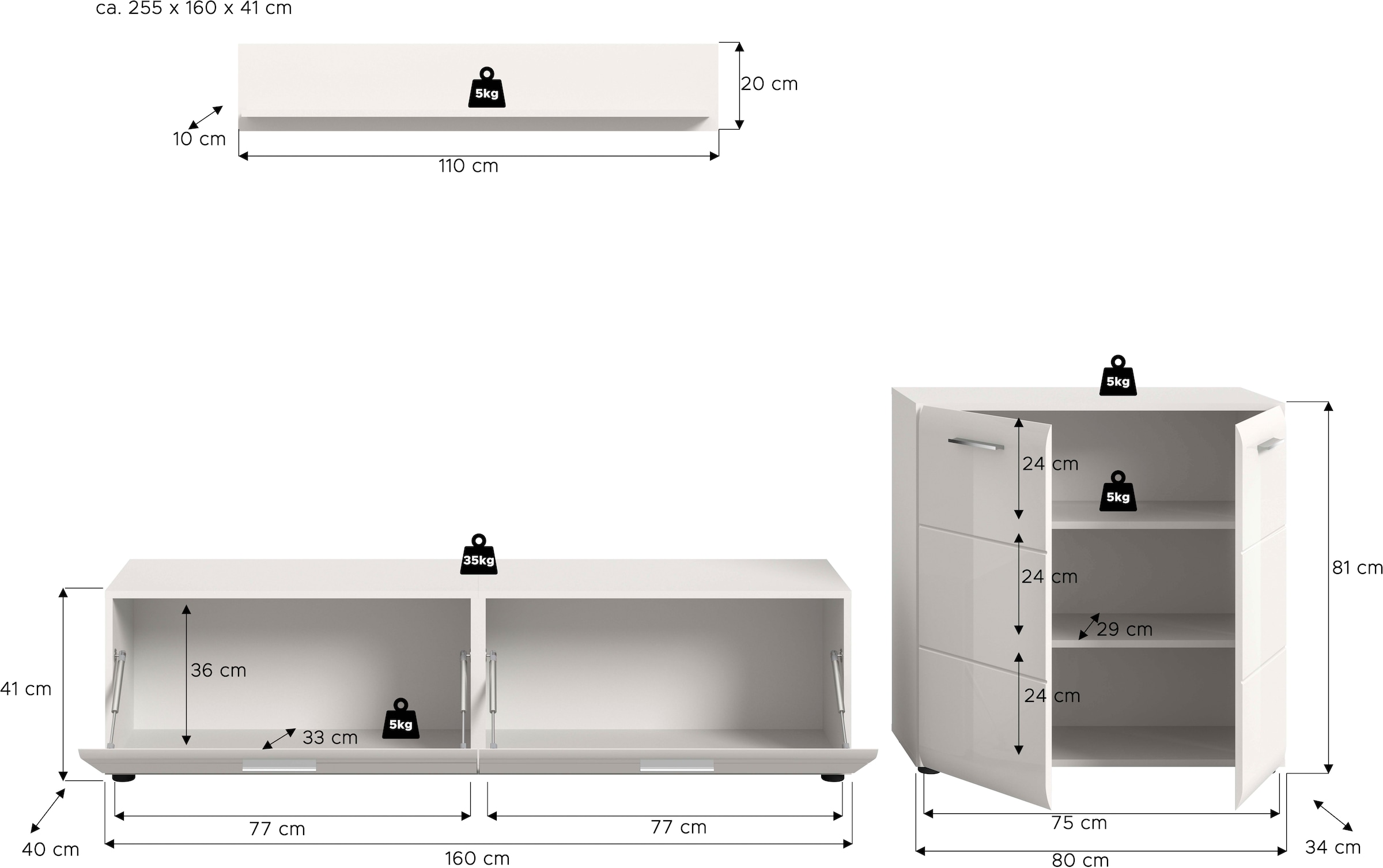 Home affaire Meuble mural »FLORENZ, 3-teilige Wohn-Kombination, hochwertige MDF-Front« Set, Set, best. aus: 1 Kommode, 1 Lowboard, 1 Wandboard, 3 cuis tlg.