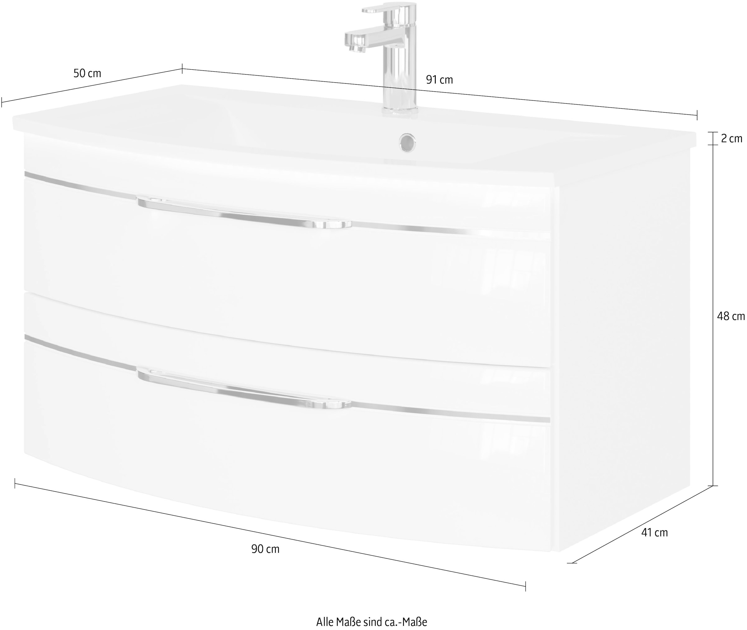 Saphir Table de lavage »Serie 7045 Mineralmarmor-Waschtisch und Unterschrank, 91 cm breit« meuble lavabo avec 2 tiroirs, ensemble mobilier de salle de bain avec lavabo