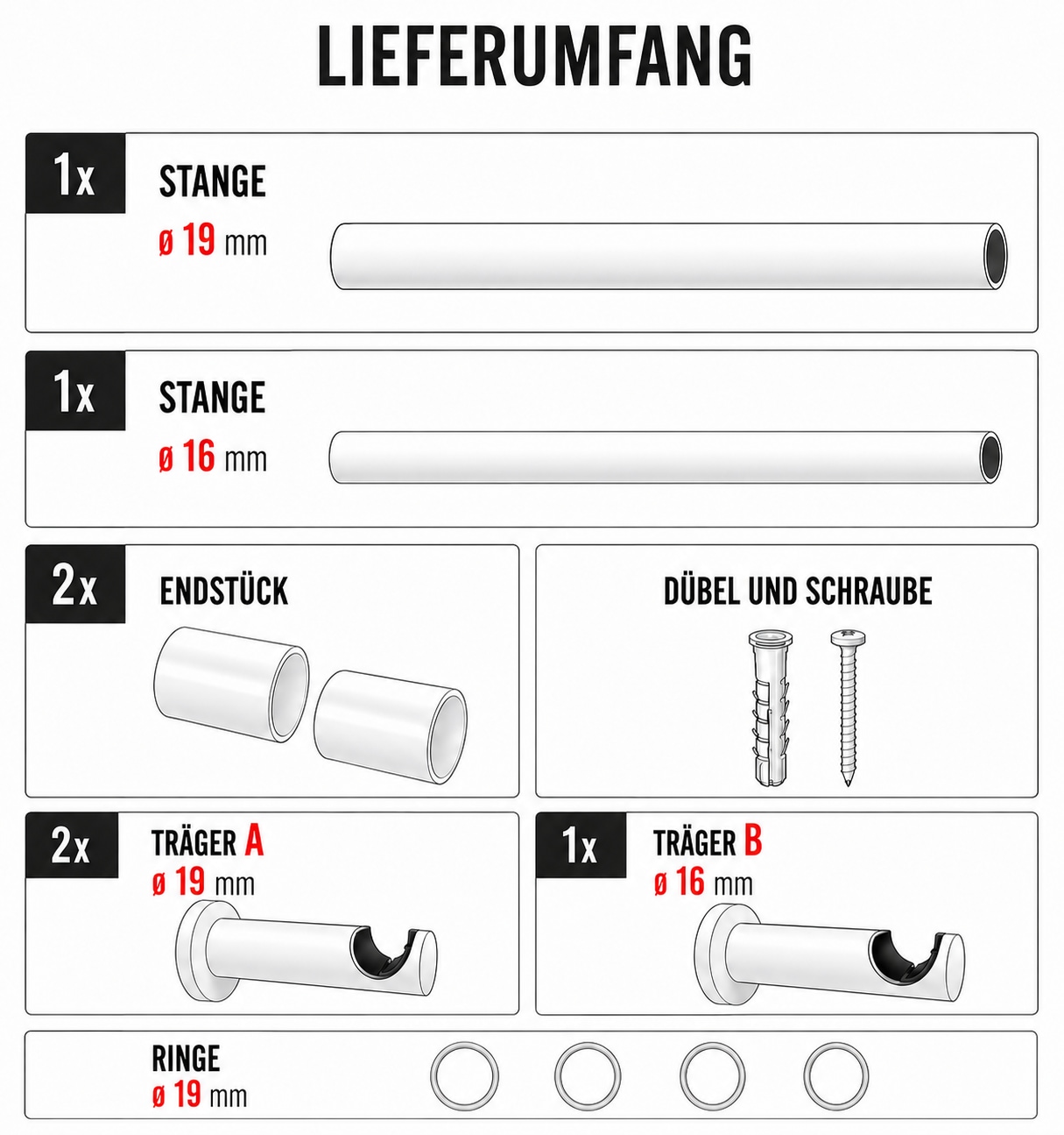 Liedeco Tringle à rideaux »Stilgarnitur "Zylinder" ausziehbar 16/19 mm« Ø 19 mm 1 course-läufig Extensible extensible télescopiquement