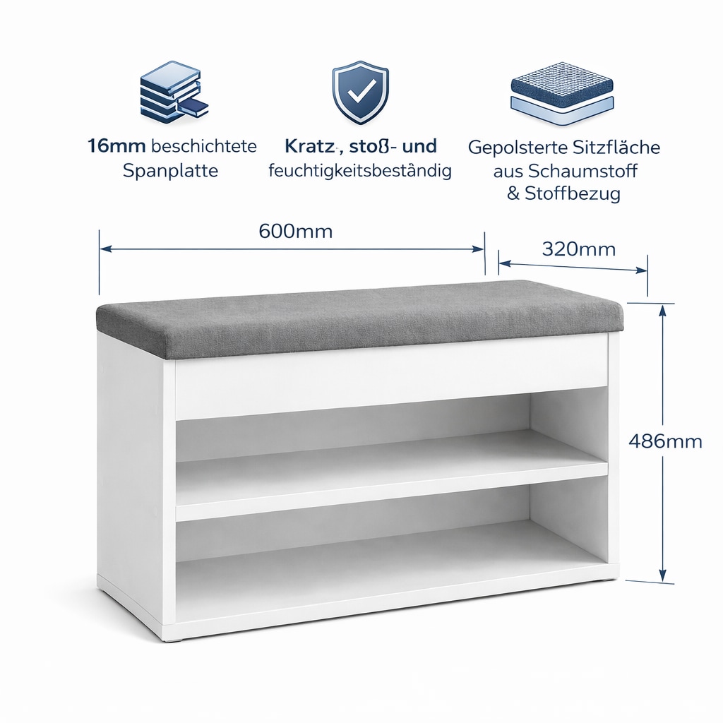 GOODproduct Schuhbank »Schuchschrank 60,  Schuhregal, Schuhtruhe, Schuhkommode, Sitzbank« Inkl. bequemem Sitzkissen mit Stauraum darunter