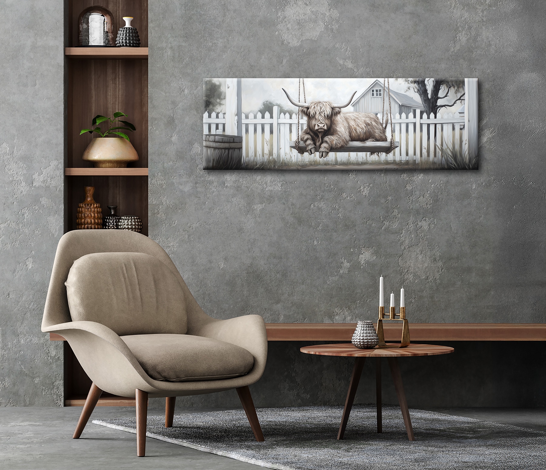Bönninghoff Peinture à l'huile »handarbeit HOCHLANDRIND 40x120 cm – Wandbild Kunst Deko« Bœuf des Highlands | Humour | Images de vaches 1 cuis tlg. fabriqué à la main, chaque image est unique