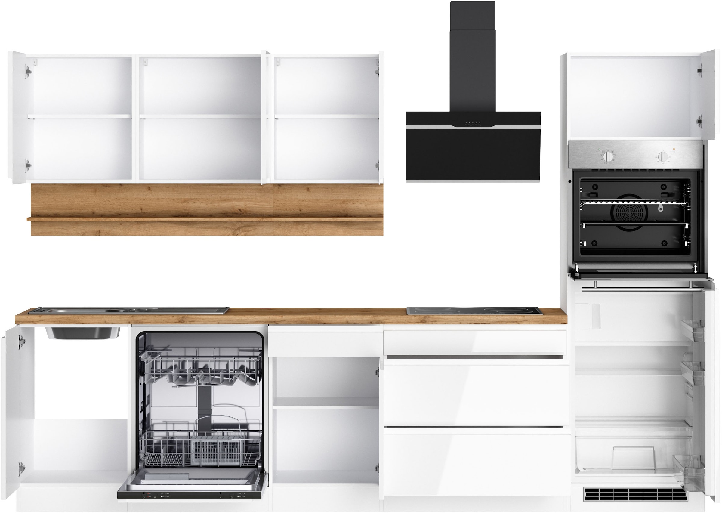 KOCHSTATION Kitchenette »KS-Virginia,neu in verbesserter Ausführung« plan de travail épaisseur 38 mm, rangement, fermeture douce,  largeur 300 cm, fermeture douce, avec appareils électriques en option