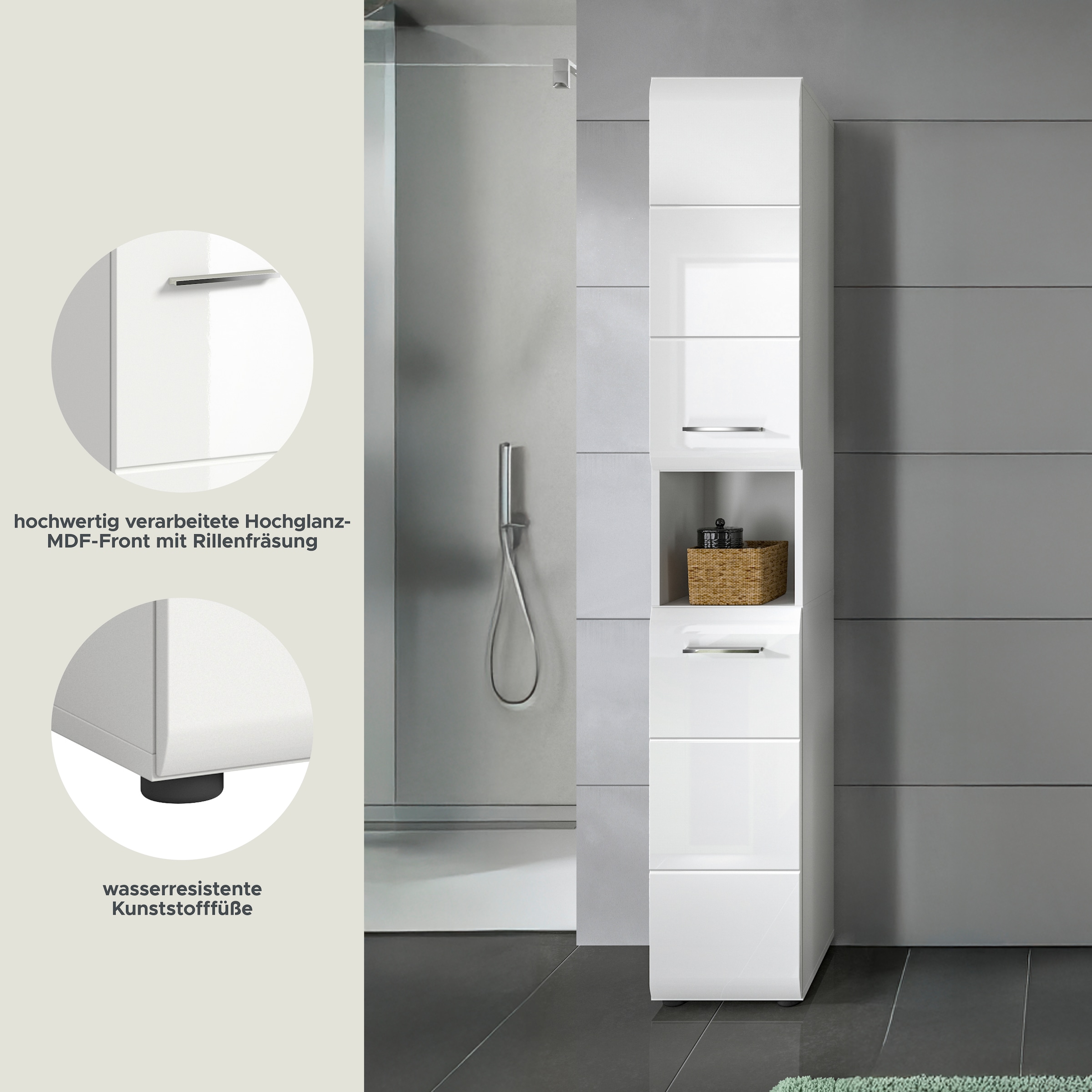 INOSIGN Armoire de rangement 1 cuis tlg. Florenz, Hochschrank, Weiss Hochglanz Tiefzieh, 185 cm hoch, Bad