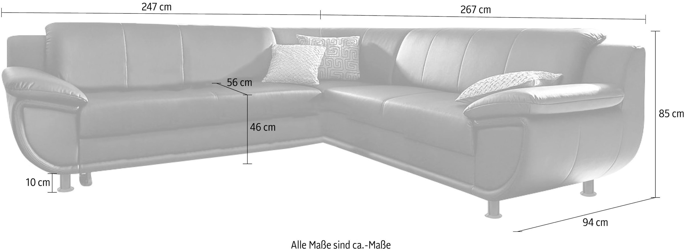 TRENDMANUFAKTUR Canapé d'angle »Rondo wahlweise mit Schlaffunktion, 267x247 cm (BxT), breite Armlehnen« forme en L, option ressort disponible, pieds noirs