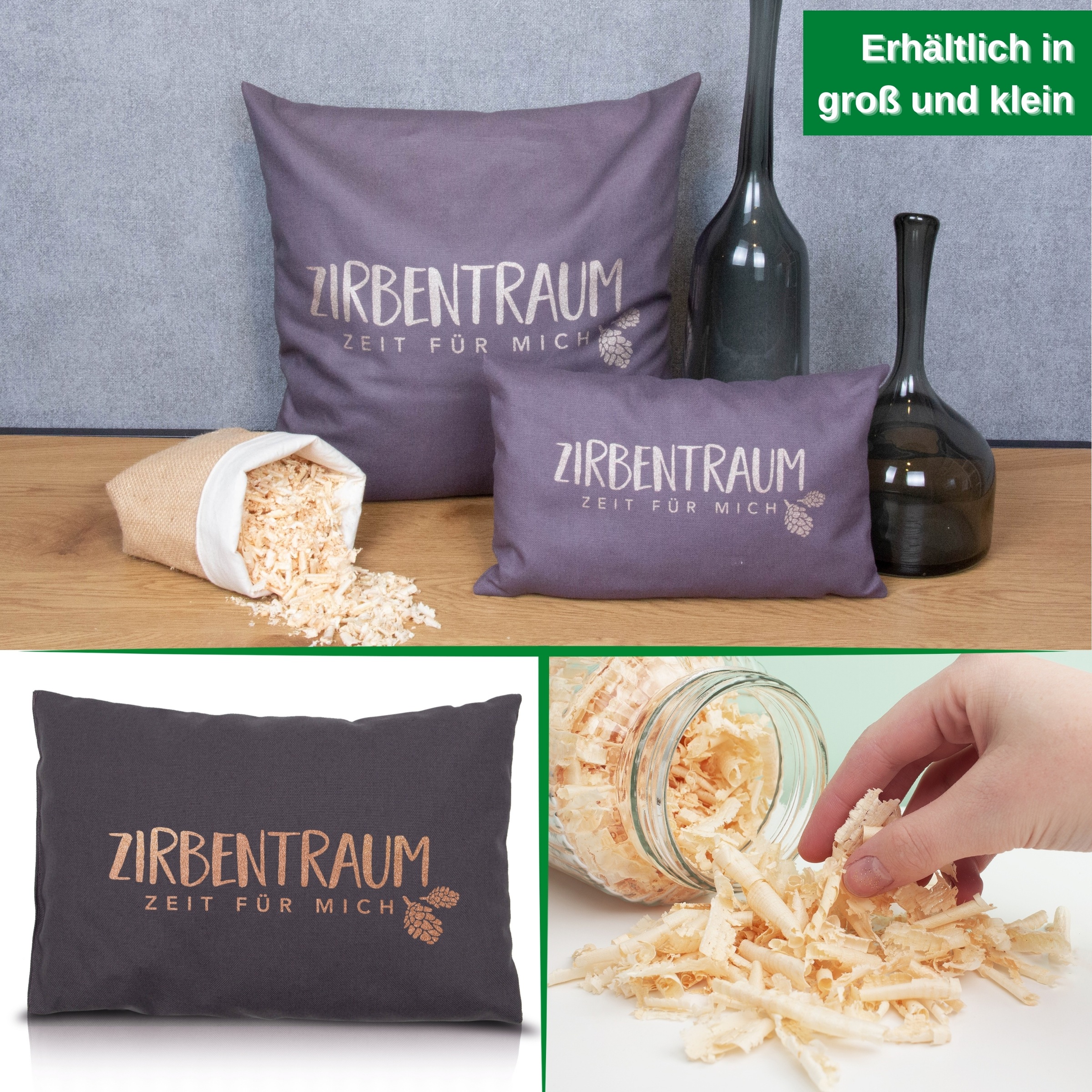 herbalind Oreiller en pin cembro »Zirbentraum in Anthrazit/Roségold 30x20 mit Reissverschluss - Gefüllt« mit hochwertigen Zirbenholzflocken 100% Baumwolle - Made in Germany