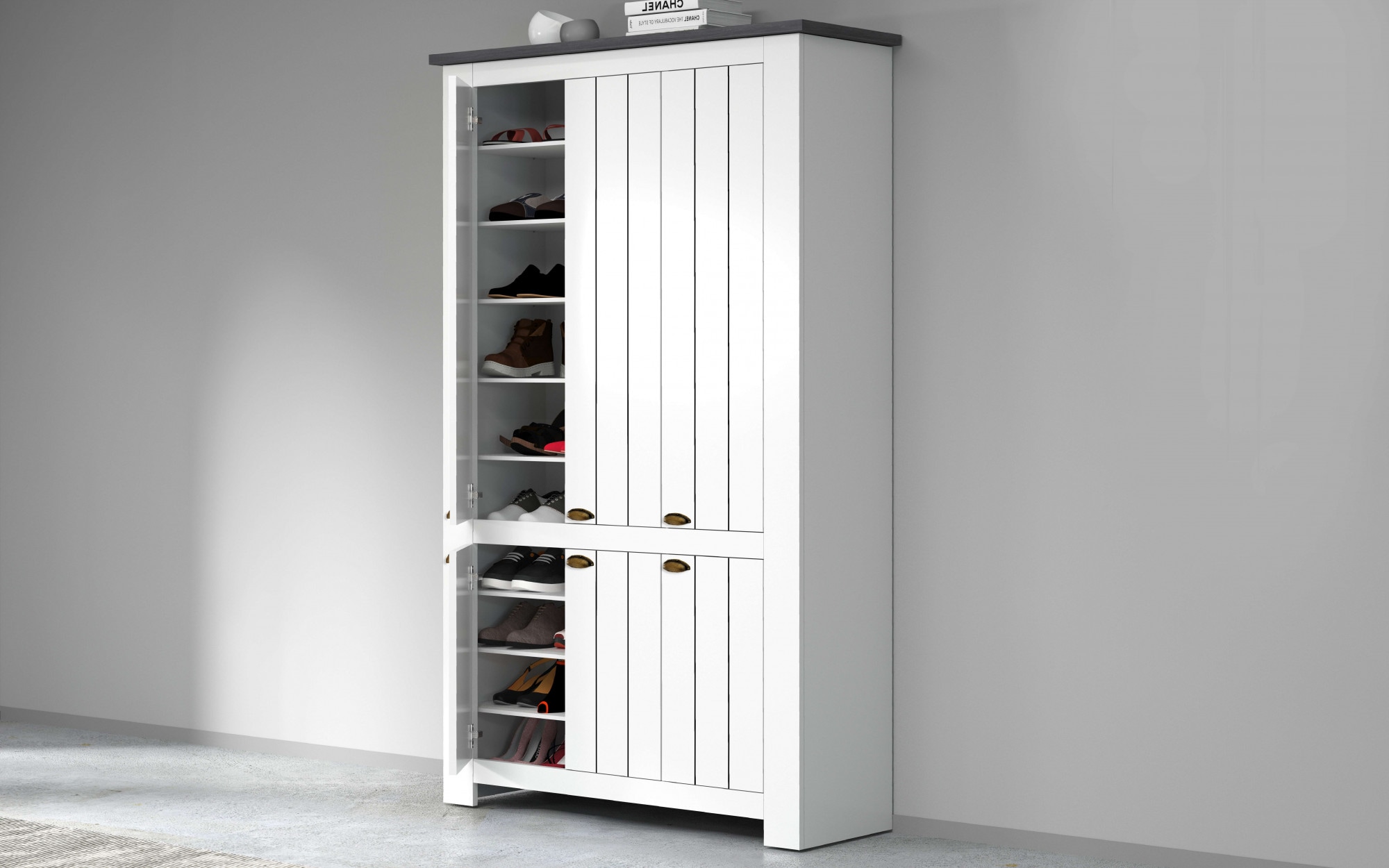 Home affaire Schuhschrank »FIGO, Made in Italy – Schuhkommode,Schuhregal für ca. 60 Paar Schuhe« 1 Stk. tlg. 6-Türig, Siebdruck-dekorative Fräsungen, 20 Fächer, Höhe: 60 cm