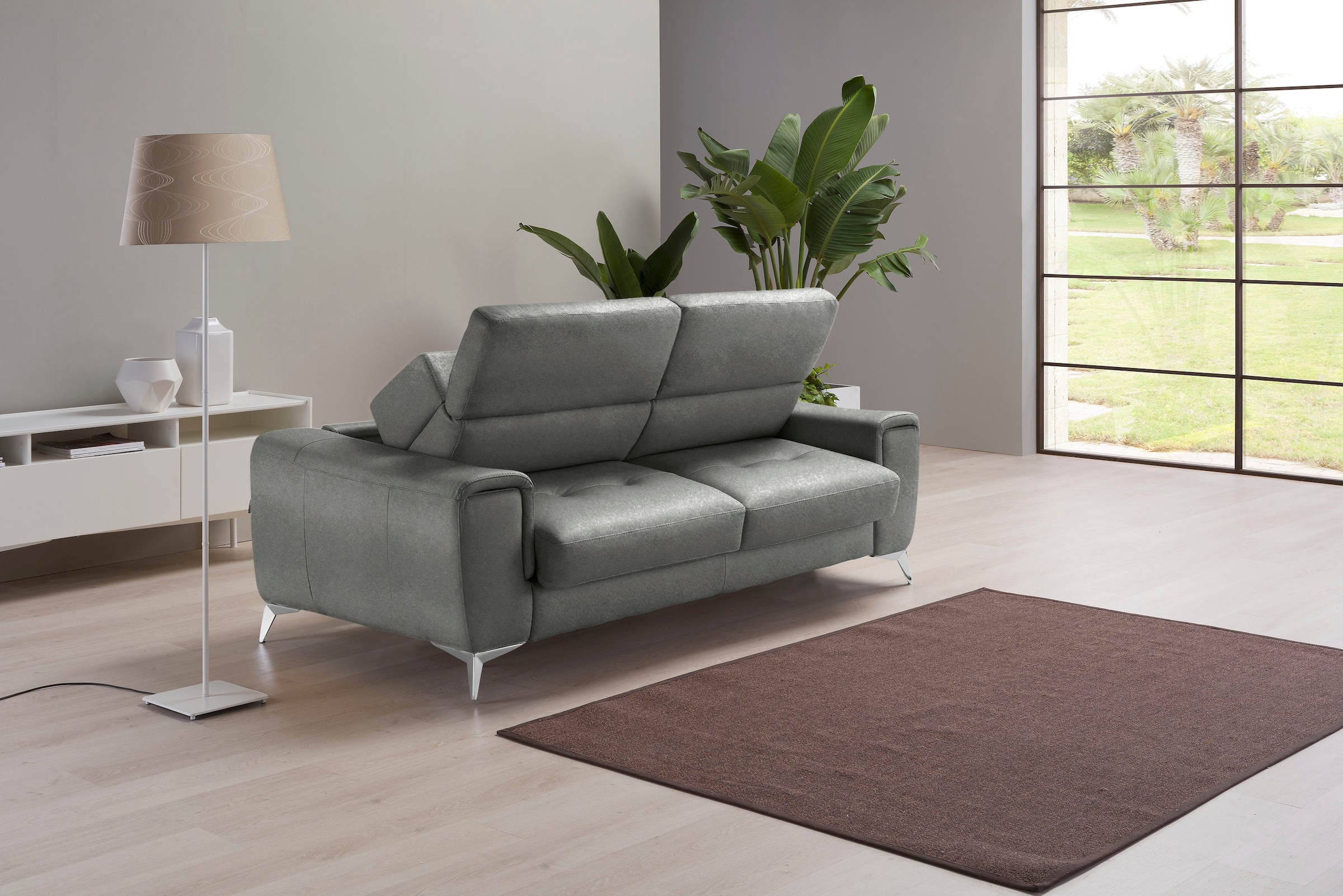 Egoitaliano Schlafsofa »Francine Designsofa, Loungesofa mit Dauerschlaffunktion, Breite 233 cm« Bettfunktion, Luxus-Microfaser Lederoptik, steingrau, Fussfarbe chrom