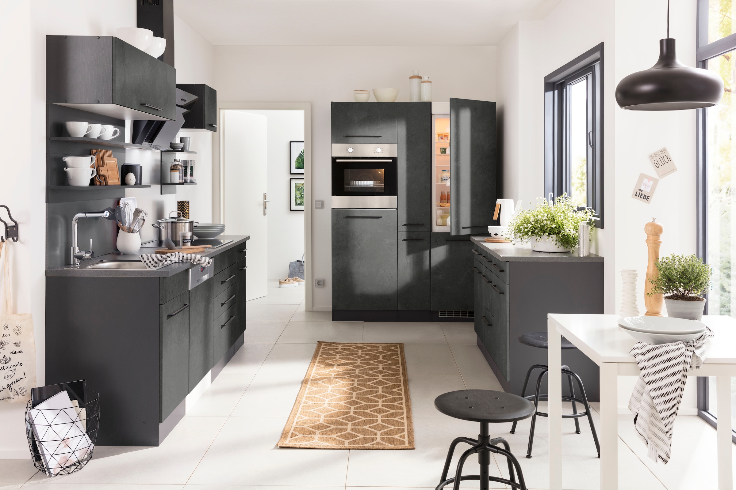 KOCHSTATION Küchenzeile »KS-Tulsa« ohne E-Geräte, Breite 380 cm, schwarze Metallgriffe, MDF Fronten