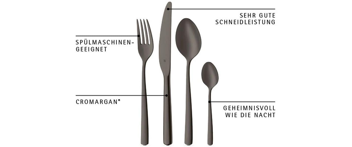 WMF Set de couverts »Boston in edler Optik, ergonomische Haptik, Messer mit Wellenschliff« tranchant optimal, inoxydable, élégant, boîte à couverts de qualité