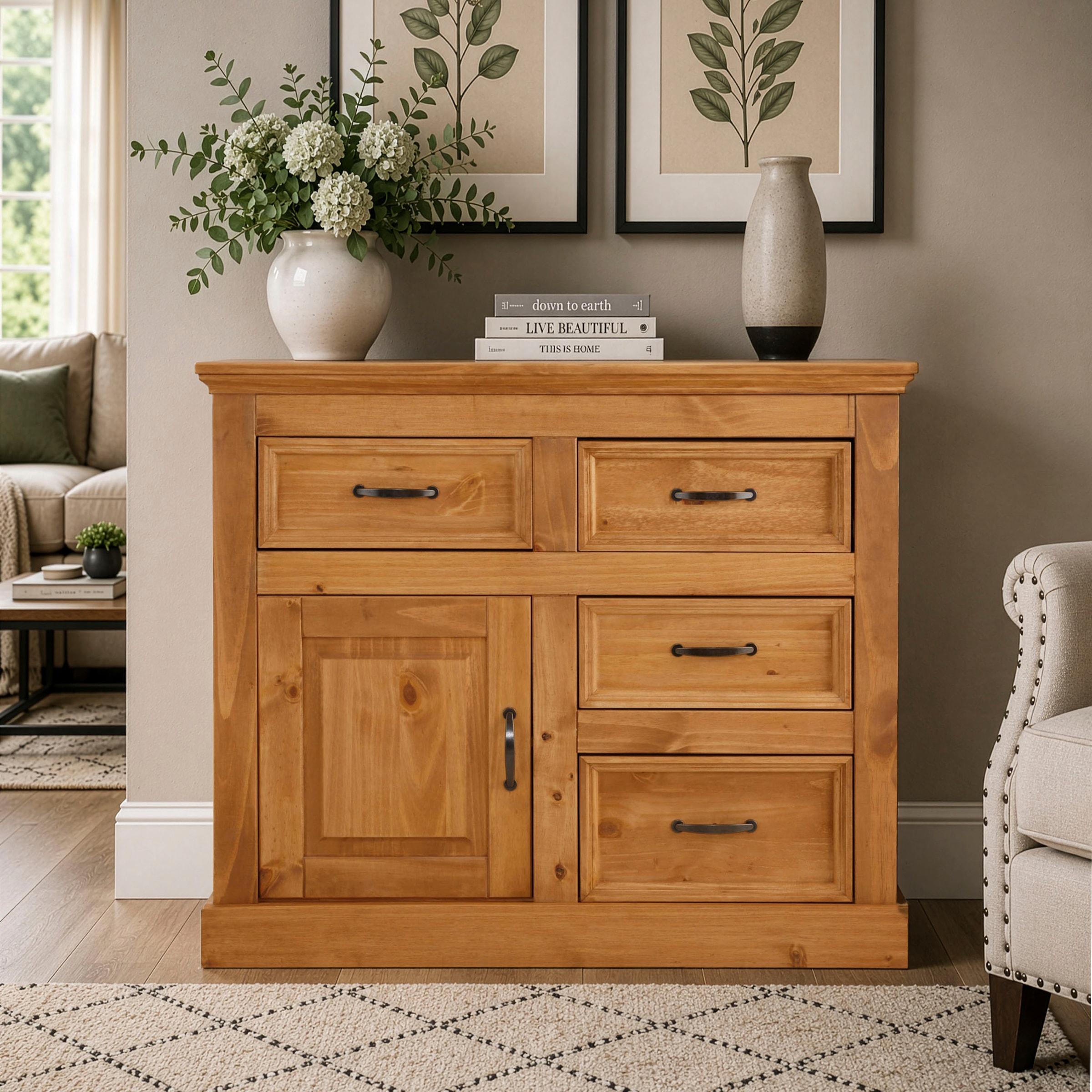GOODproduct Buffet »Selma Kommode mit 1 Tür, 3 Schubläden und 2 Fächer, Metallgriffe« en bois de pin massif, grain naturel, largeur/hauteur 100/87 cm