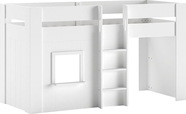 Vipack Hochbett »Reno, ein tolles Hüttenbett mit hoher Standfestigkeit, weiss lackiert« B/H/T ca. 206x120,1x105cm, Leiter mittig, Fenster und Absturzschutz,  inkl. Rolllattenrost, Rückseite offen und Spielfläche unter dem Bett