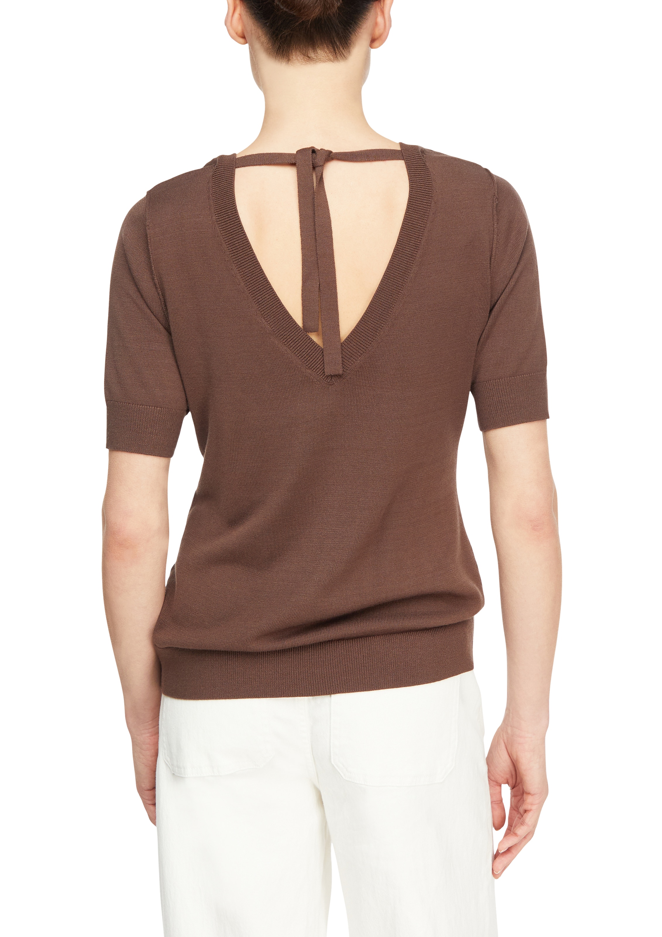 Comma Strickpullover Halbarm-Pullover mit V-Ausschnitt und Bindung im Nacken
