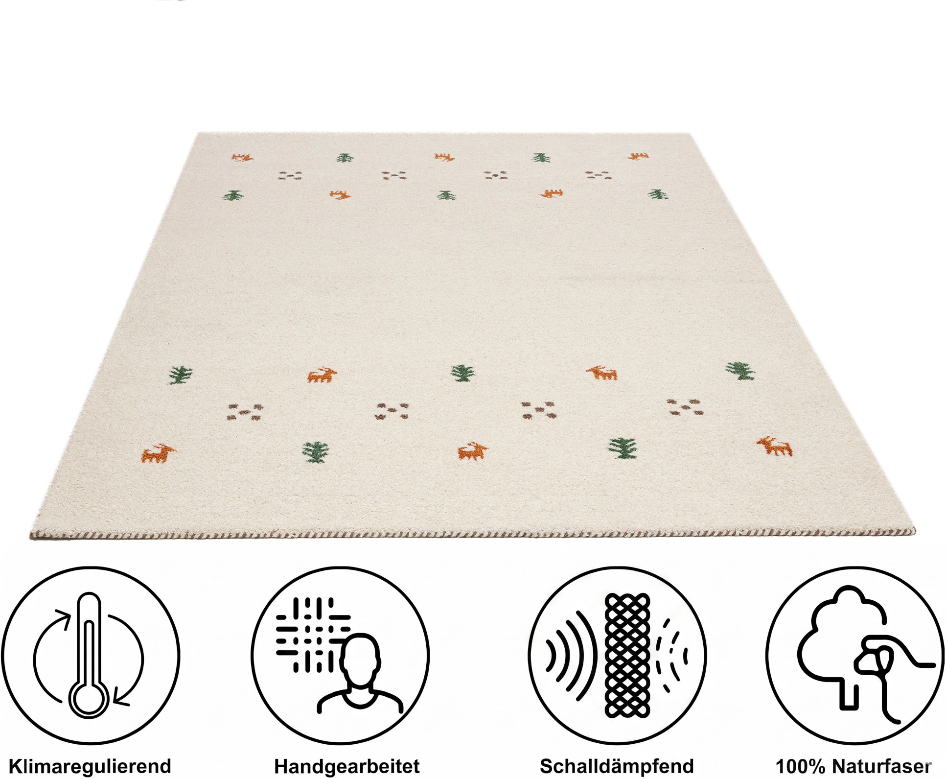 THEKO Tapis en laine »Gabbeh Motiv, Handgefertigt, Teppich, Tiermotiv, reine Wolle« Rectangulaire 14 mm Höhe laine pure, salon, chambre, salle à manger