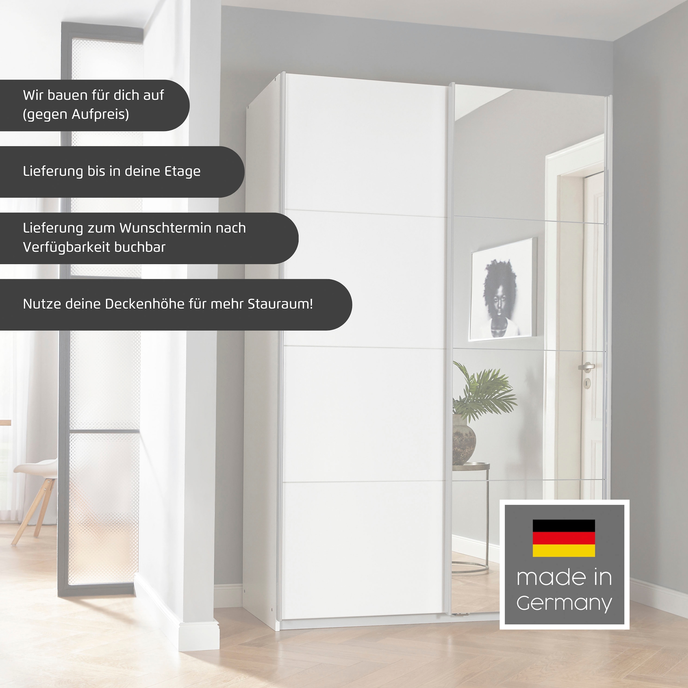 GOODproduct Schwebetürenschrank »Kleiderschrank Schrank Garderobe Schlafzimmerschrank THANOS« 3 verschiedene Ausstattungen BASIC/CLASSIC/PREMIUM (inkl. SOFT-CLOSE),  Optional mit Spiegel, Metall-Griffleisten alufarben MADE IN GERMANY