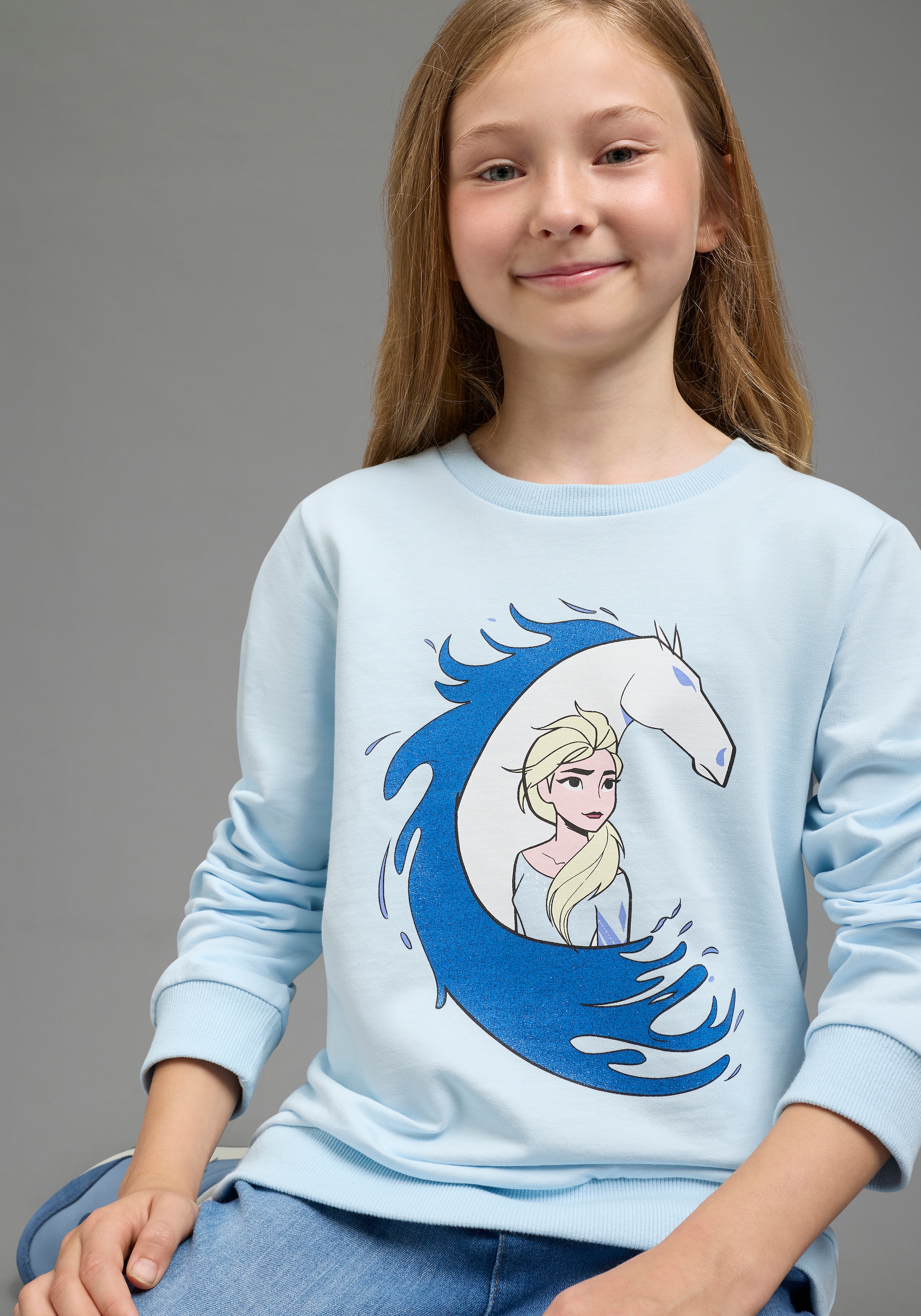 KIDSWORLD Sweatshirt »FROZEN Glitzerdruck Sweatshirt, Disney«, Disney-Shirt mit Rundhalsausschnitt, Langarm, hüftlange Basic-Passform
