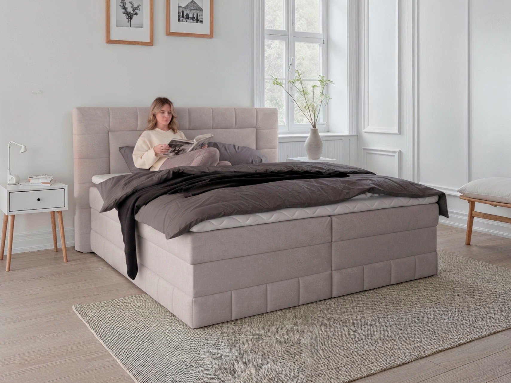 GOODproduct Lit de boxe »PHILIPPA, Polsterbett mit Bettkasten, mit Taschenfederkernmatratze H3« avec un topper en mousse froide, housse en microfibre, éclairage LED en option