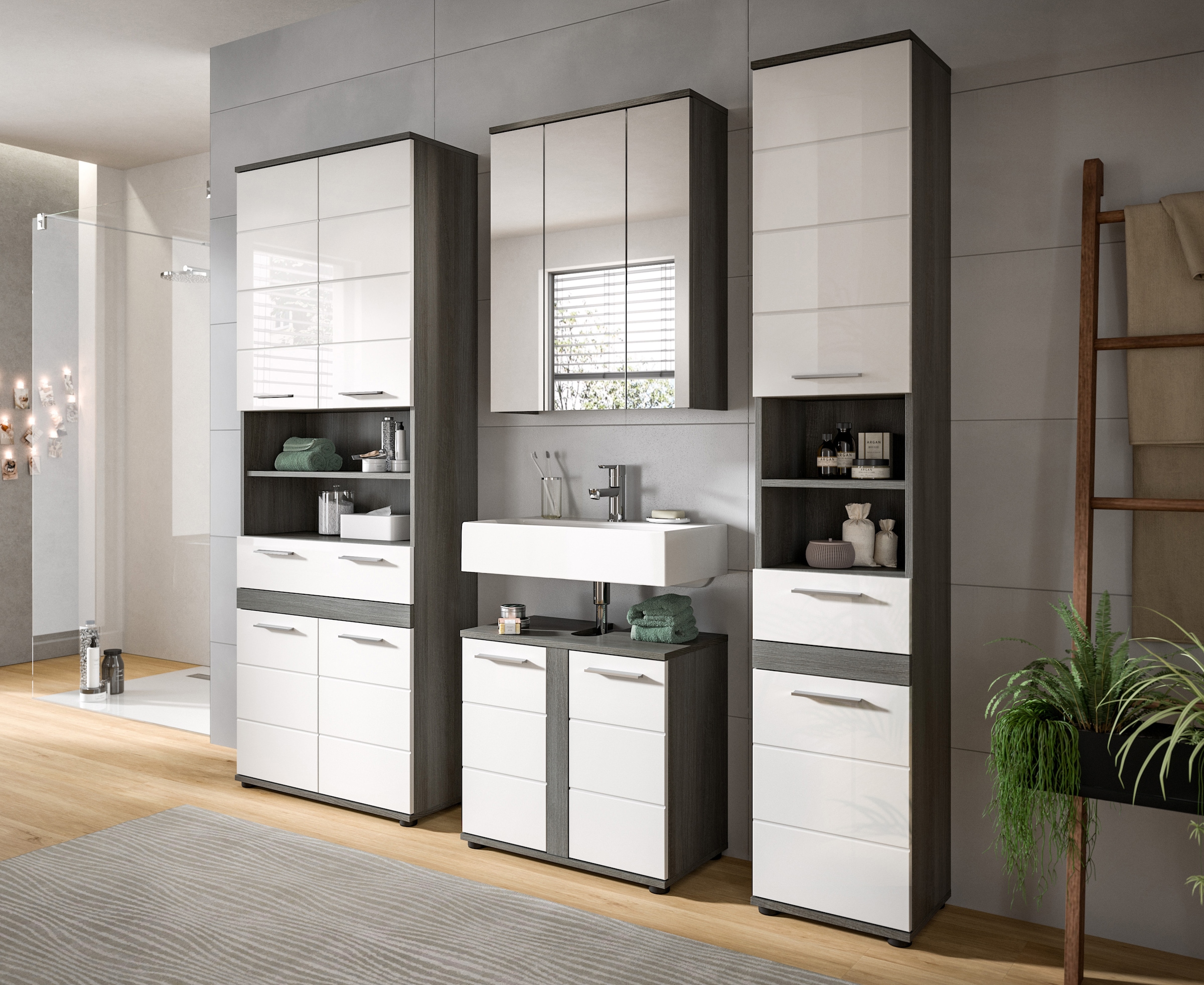 welltime Hochschrank »LUCCA, Breite 70cm, 4 Türen, 1 Schubkasten, 7 Fächer« Badschrank, Badmöbel, Badezimmer, Universalschrank, Mehrzweckschrank