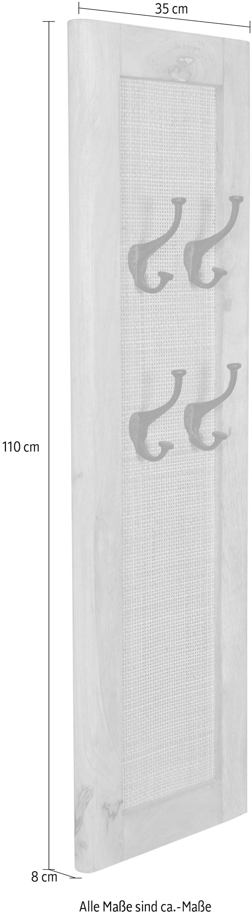 SIT Panneau de vestiaire »Bergen aus Mangoholz mit Rattan-Einsatz & 4 Doppelhaken« Insert en rotin tendance dans un cadre en bois massif pour une ambiance bohème