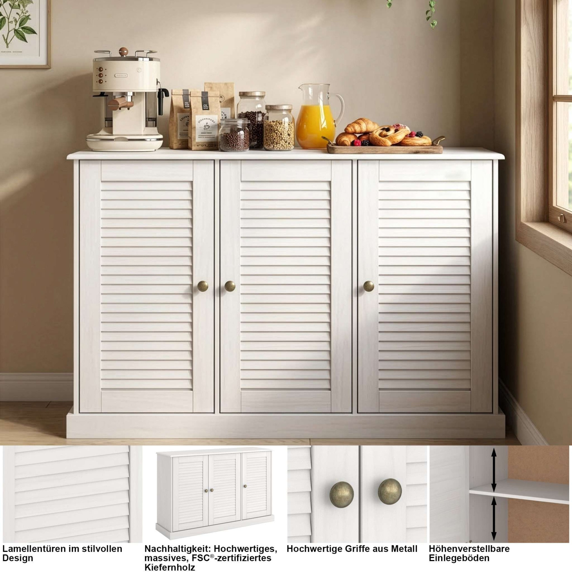 GOODproduct Sideboard »Turia, mit Lamellentüren« Kommode aus massivem Kiefernholz, FSC®, Breite 125 cm