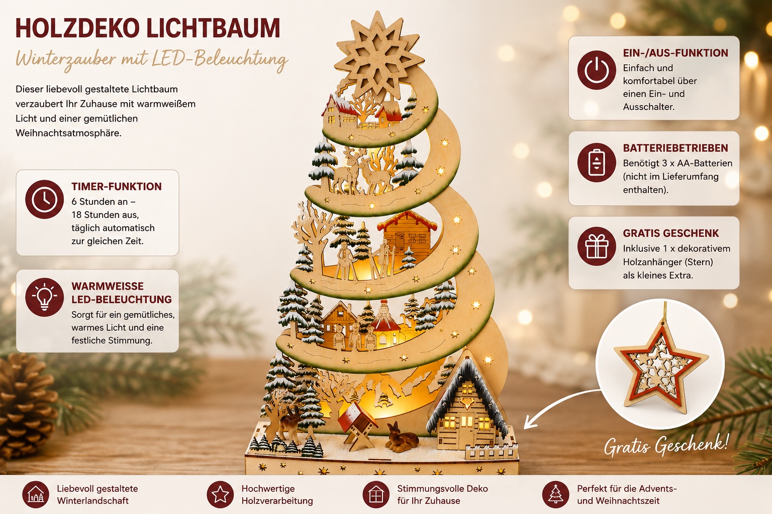 GOODproduct Weihnachtsszene »Fensterdeko, Lichtbaum aus Holz« Weihnachtliche Verzierung mit LED-Lichtern, Timer-Funktion,