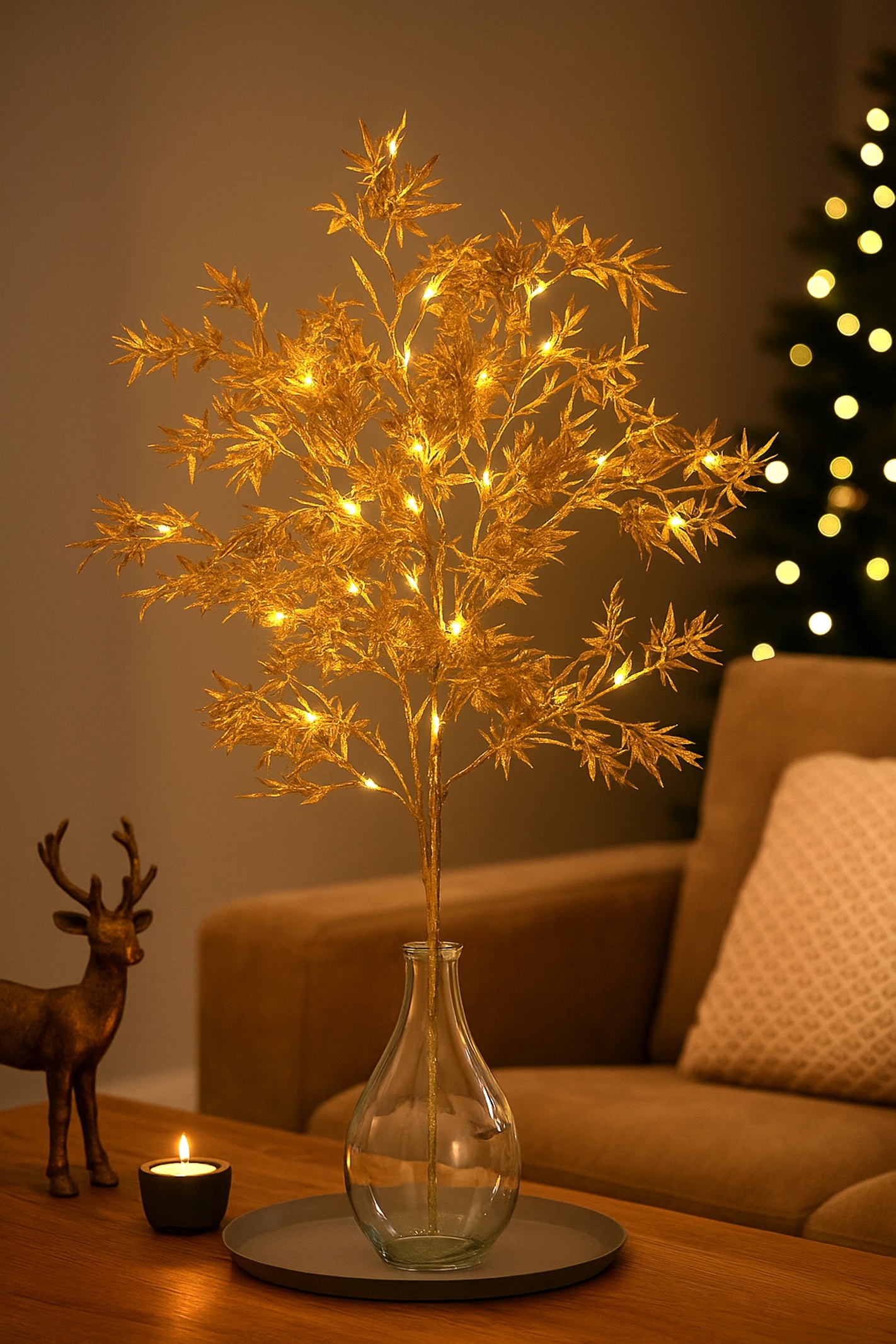 I.GE.A. Branche artistique »LED-Dekozweig Ahorn« Batteriebetrieben Zweig mit Timer Warmweiss Herbstliche Kunstblume